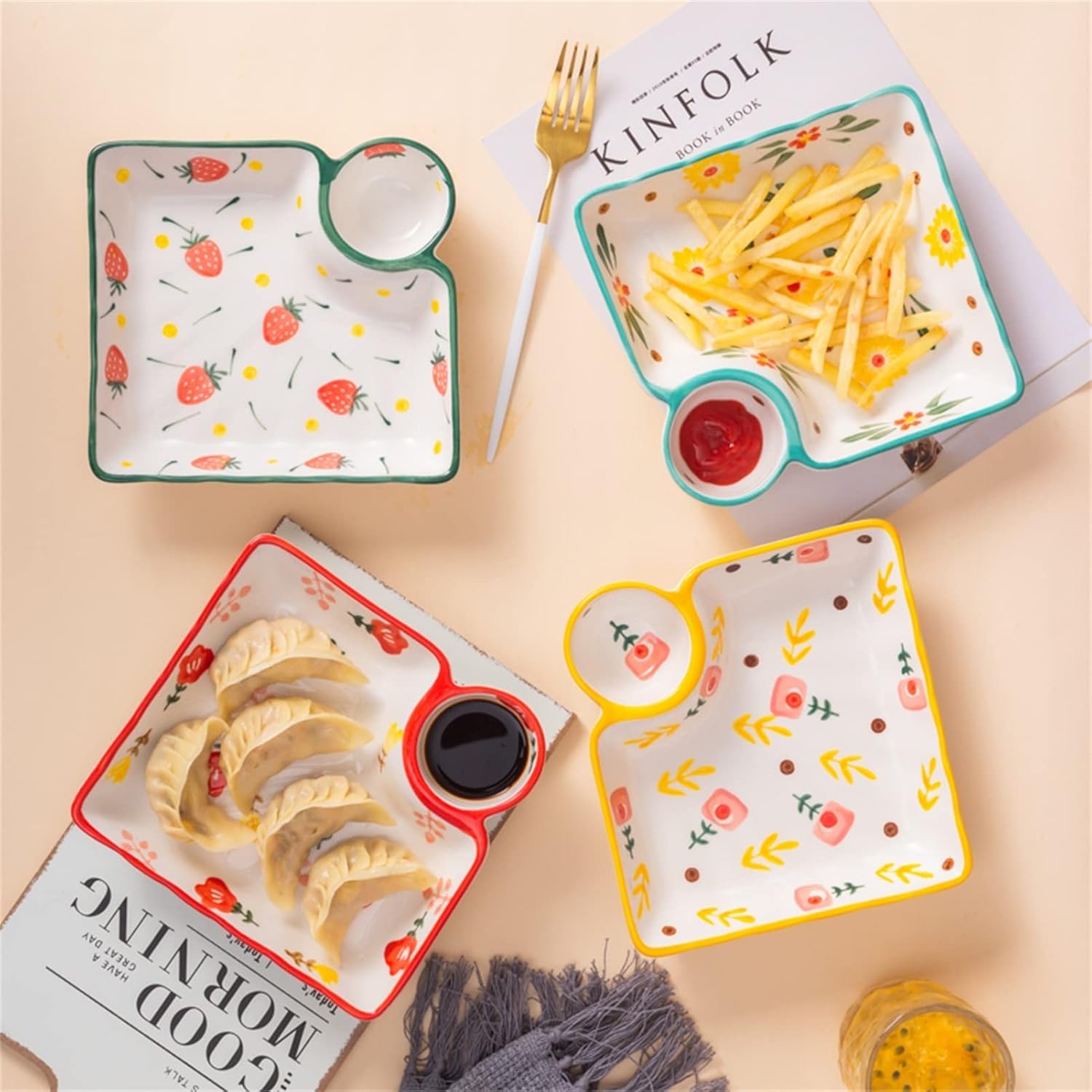 Weight Management Tableware - Chip and Dip Set, 1 Pack Ceramic Divided Snack Serving Plate, Reusable Dipping Sauce Tray for Chips, Sushi, Cupcake, Appetizer, Condiments Dish for Ketchup, Vinegar, Soy,