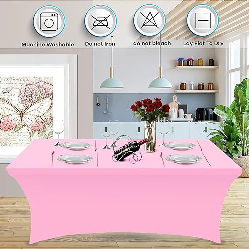 Miniatura 3 de Mantel rectangular de 6 pies para mesa rectangular, color rosa, rectangular, ajustable, elástico, de elastano, 6 pies, para cumpleaños, cóctel,