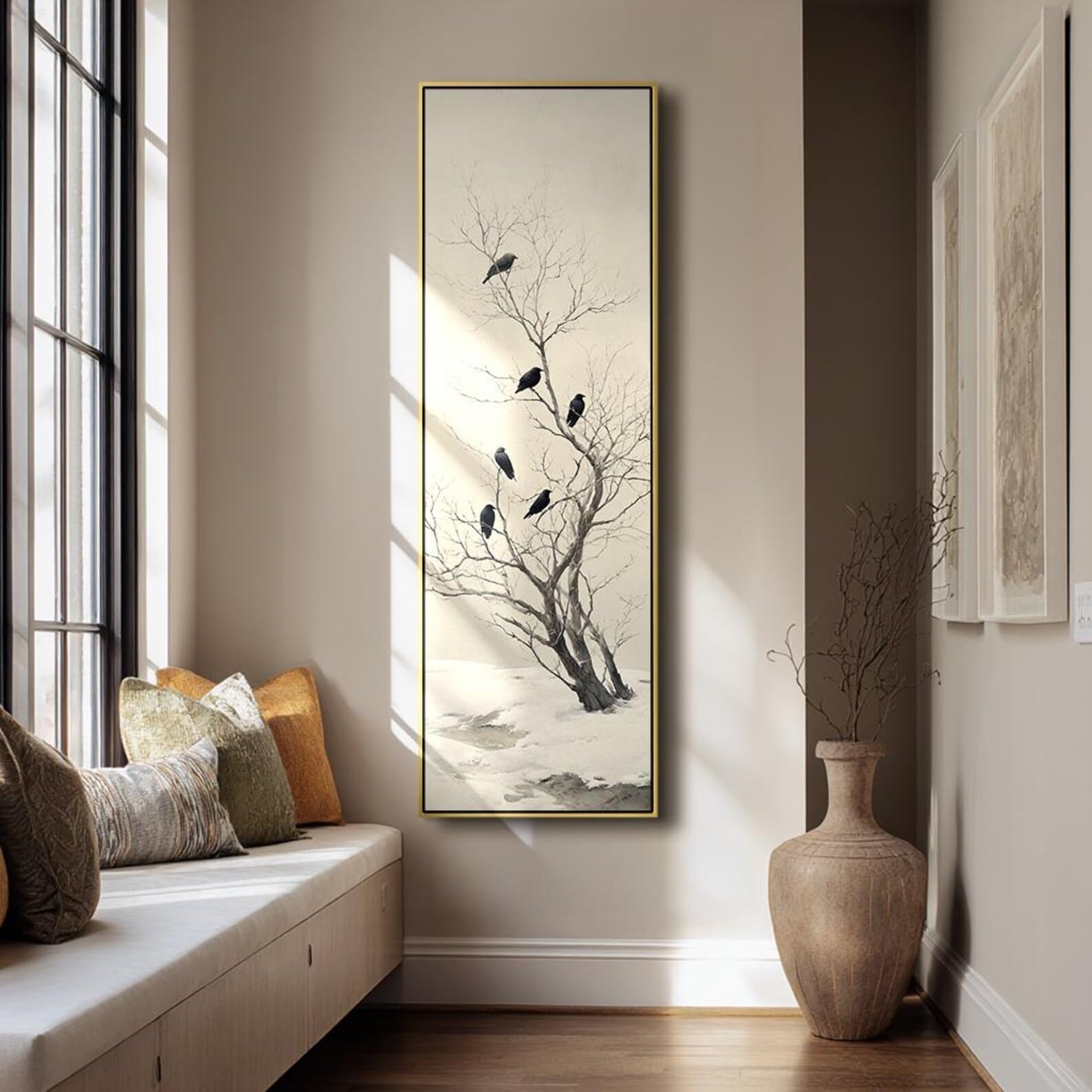 YUSUZHU Quadro verticale con uccello, grande stampa su tela incorniciata, quadro alto e sottile per soggiorno, dipinto di ramo sottile, decorazione (20x60 cm/cornice interna)