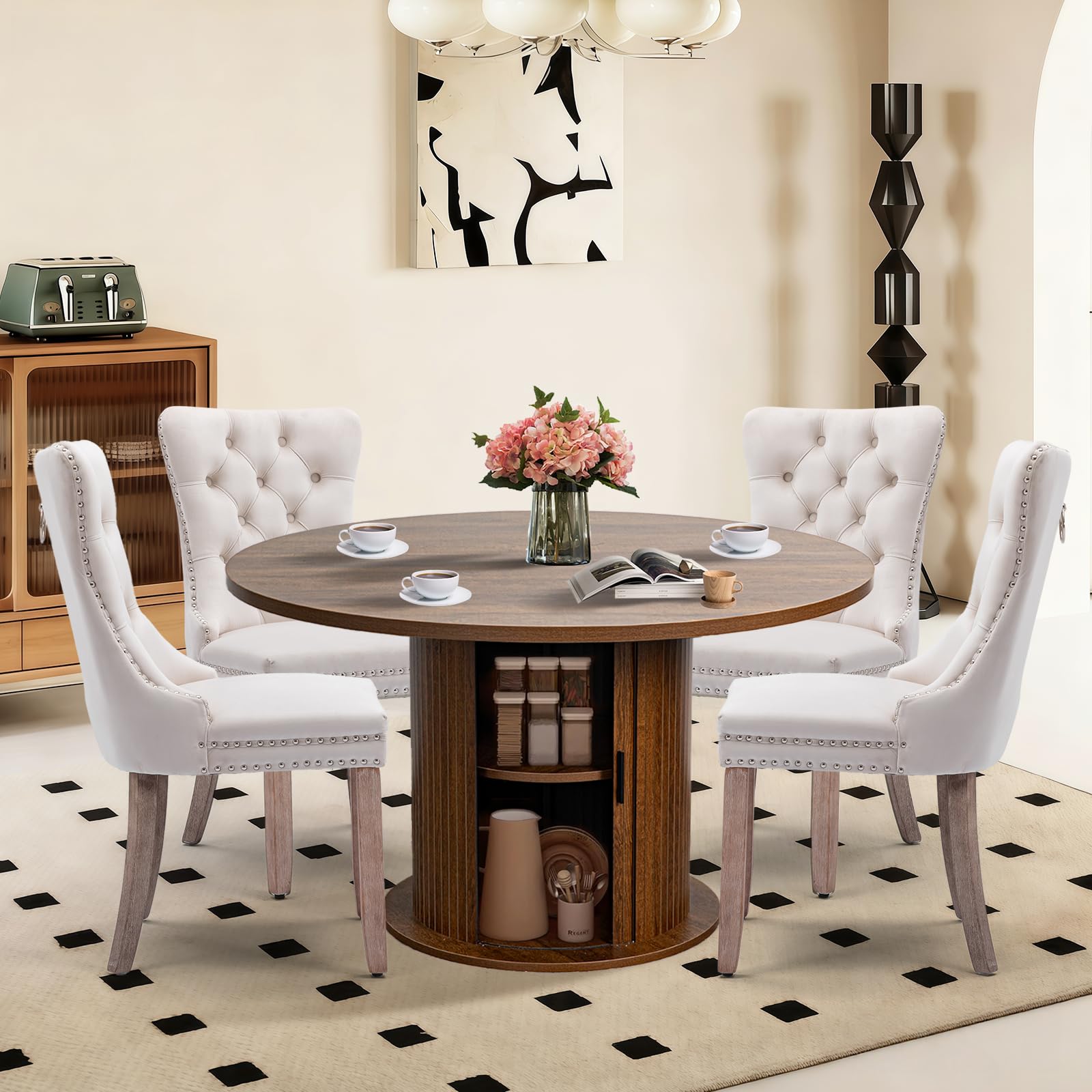 SoarFlash Kitchen Table and Chairs for 4, 47" Dining Table Set for 4 with Velvet Upholstered Chairs, 5 Piece Round Kitchen Table Set, Dining Room