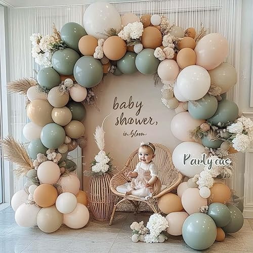 Miniatura 8 de Guirnalda de globos de color verde polvoriento, doble relleno, color marrón rubor, crema, arena, blanco, neutro, mate, kit de arco de globos para