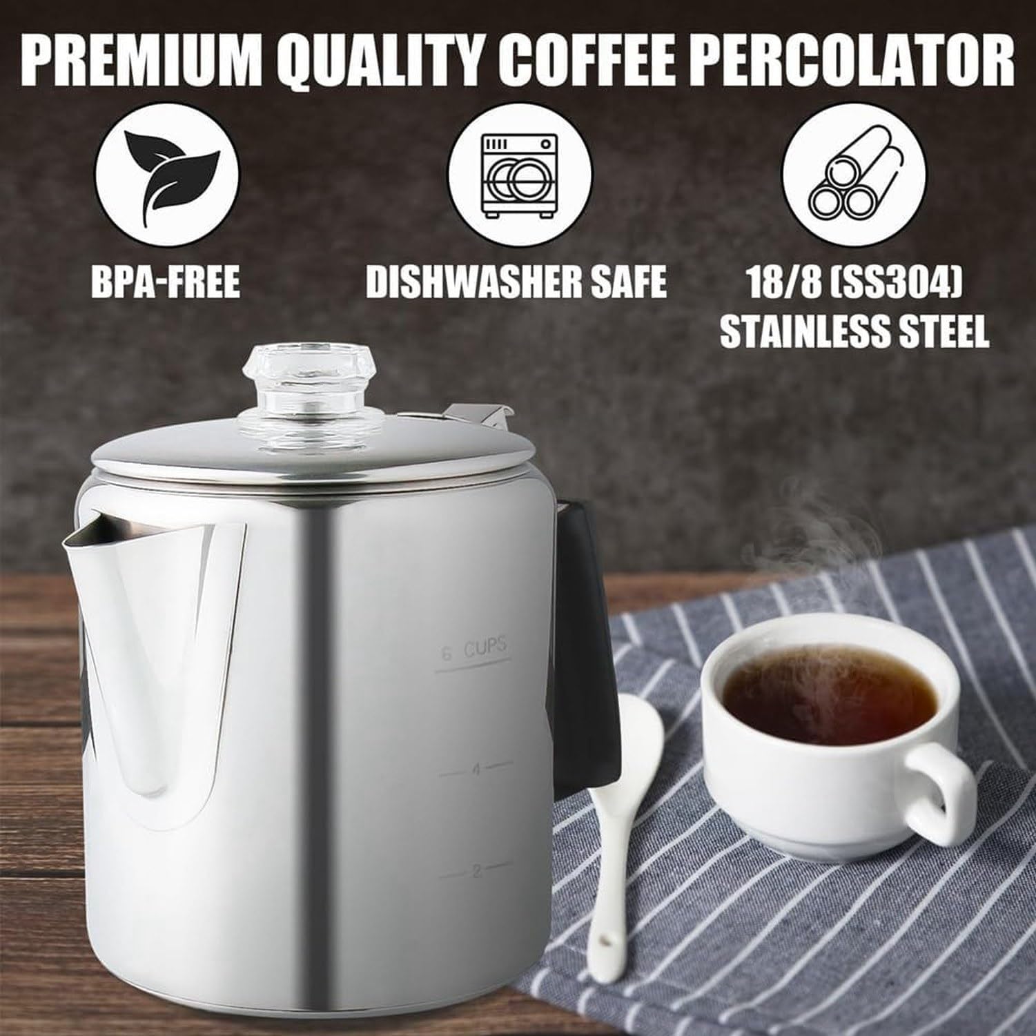 Cafetera Multiusos 6 Tazas con Asa Termorresistente y Nudo Silicona