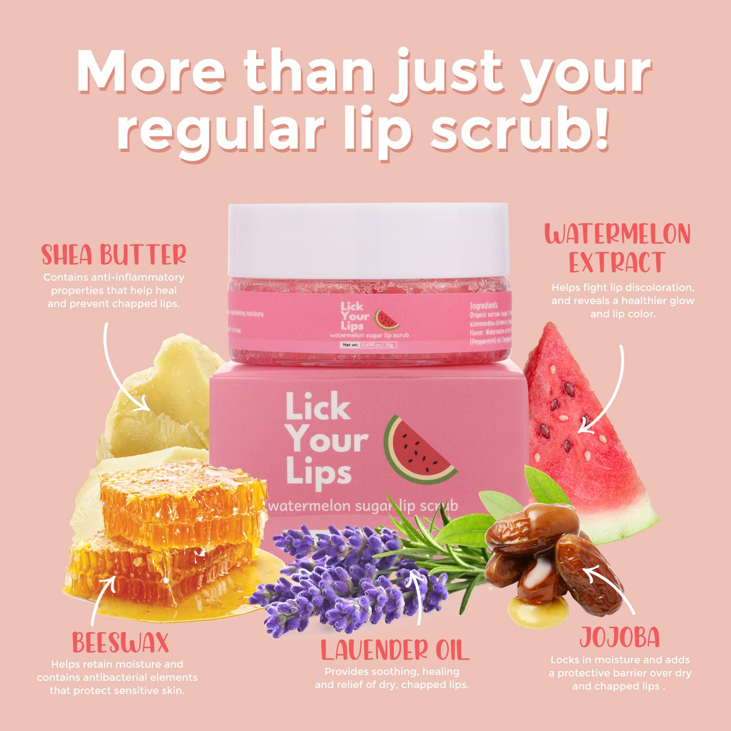 Lick Your Lips Watermelon Sugar Lip Scrub - Lip Scrubs Exfoliator & Moisturizer - Exfoliating, Hydrating Scrub for Dry, Cracked, Chapped Lips - Organic Lip Care Treatment, Vegan and Cruelty-Free : Beauty & Personal Care