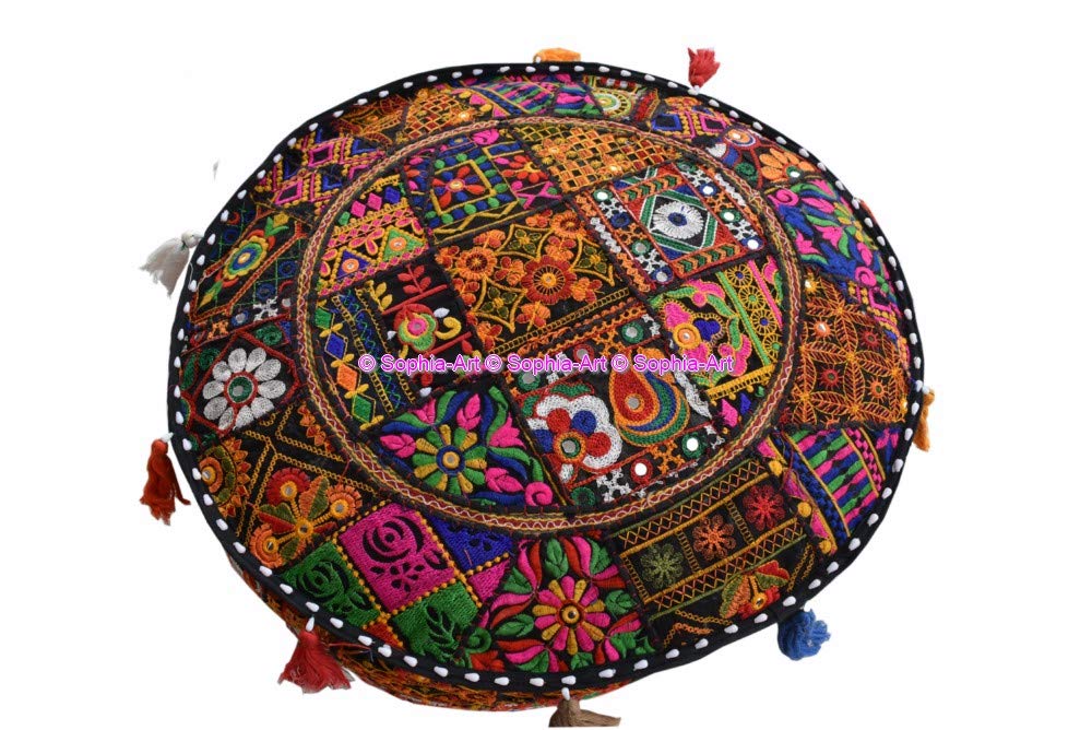 Sophia-Art Indian Embroidered Patchwork Cover Indian Decorative Pouf Indian Comfortable Floor Cotton Cushion Ottoman Pouf,Indian Designs Ethnic Patchwork Pouf (Black Rajkoti, 18"x13") 1
