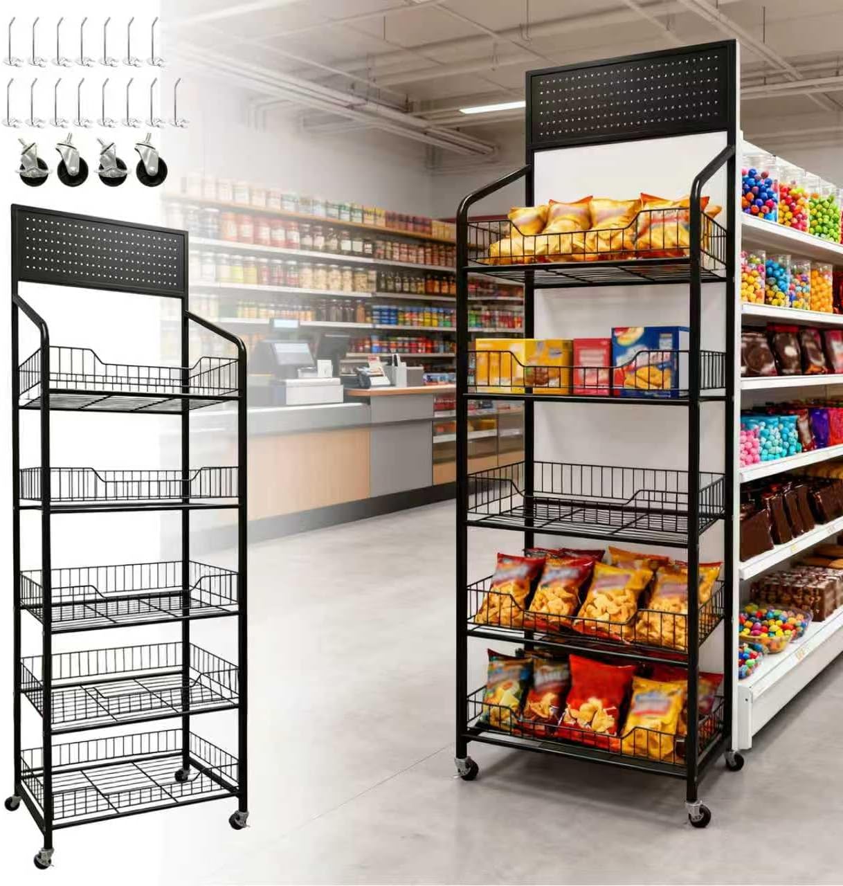 5 Tier Retail Candy Display Rack Metal Storage Shelf with Wheels & 15 Hooks Concession Candy Snack Display Racks Sturdy and Stable Chip Shelf Rack for Stores, Kitchen, Office (Black, 19.7*10.6*65 in)