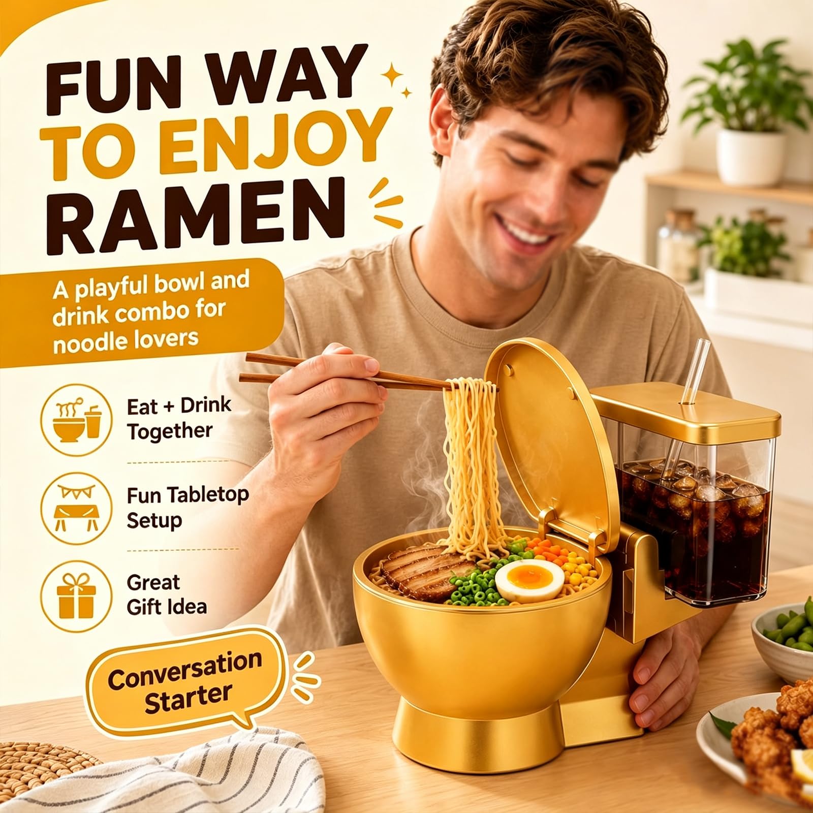 Set Ciotola Per Ramen E Bevanda Forma Di Wc,Originale Tazza Zuppa Noodles | Con Cannuccia Integrata,Robusta,Una Simpatica Soluzione 2-In-1 Un Regalo Unico Tutti Gli Amanti Del Cibo,Ideale Zuppe