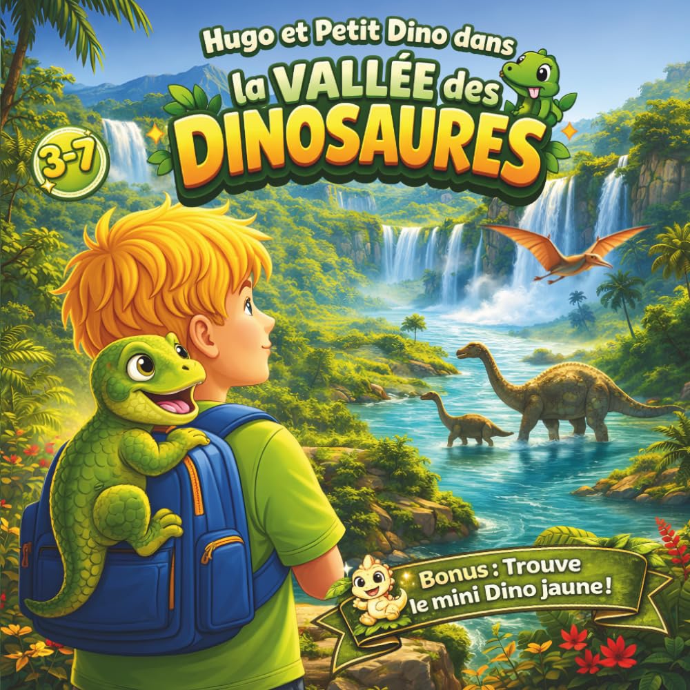 Hugo et Petit Dino dans la vallée des Dinosaures: Livre enfant dinosaures pour 3-7 ans – Aventure illustrée – Jeu cherche et trouve