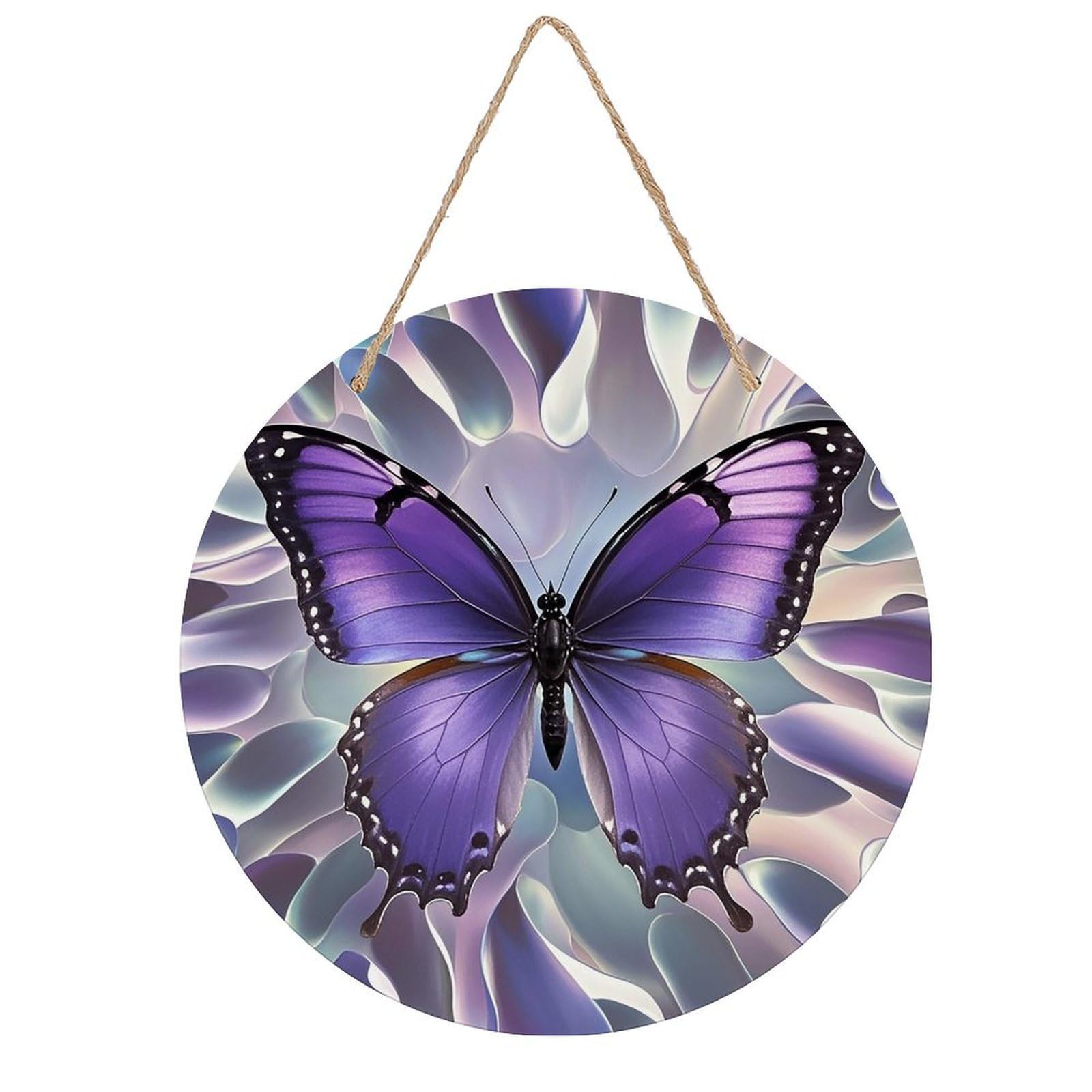 FekiLoot Round Beautiful Purple Butterfly Art Wall Art Decor Painting Wooden Hanging Sign with Ropes Bohemian Wall Hanging Retro Mid Century Modern Wall Art for Home Bedroom Living Room 7.9x7.9 in