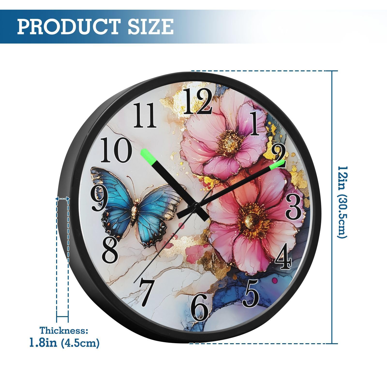 Mnsruu Reloj de pared luminoso con diseño de flores y mariposas, reloj de pared que brilla en la oscuridad, funciona con pilas, silencioso, sin tictac, luz nocturna para dormitorio