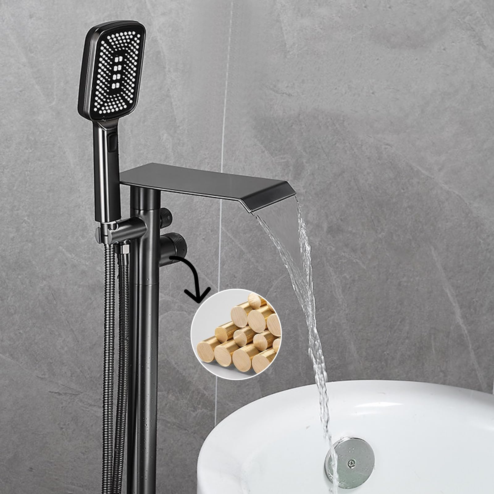 BiaoTeng Grifo de Pie Para Bañera Exenta con Cascada 3 Modos Cromo Laton