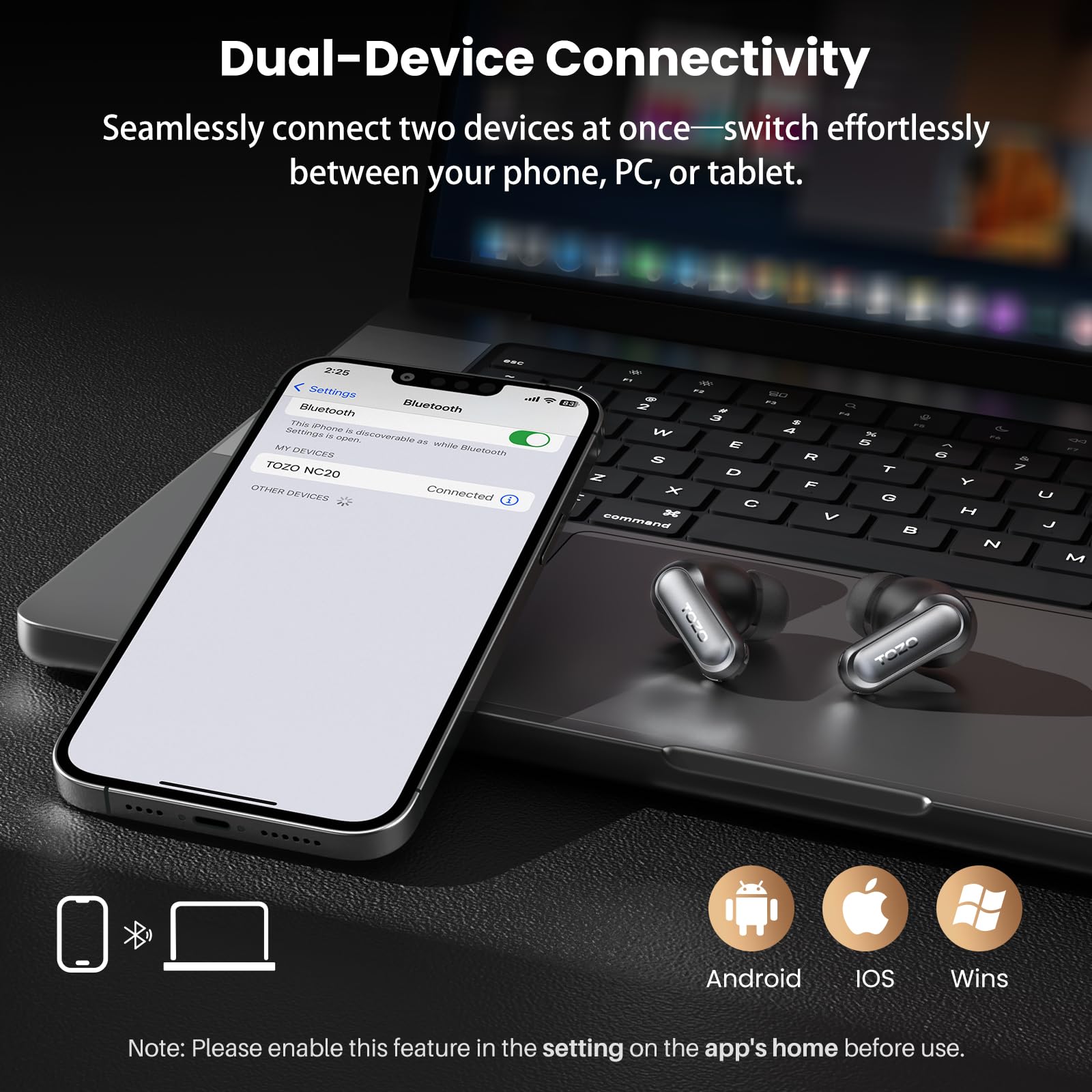 TOZO NC20 Słuchawki bezprzewodowe Bluetooth 6.0, 6 mikrofonów ENC AI Czysta jakość rozmów, dźwięk Hi-Res LDAC, wodoodporność IPX8, detekcja użytkowania, połączenie z niską opóźnieniem, ładowanie