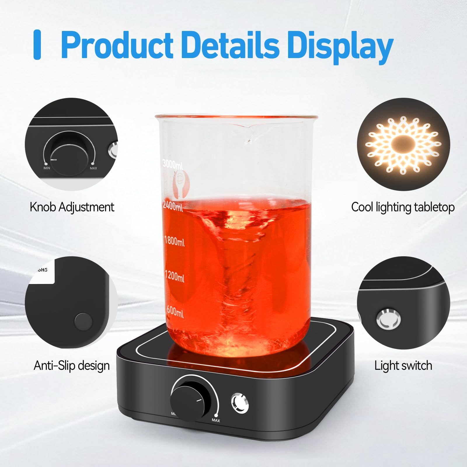 Agitador magnético de 3000 rpm con luz LED, placa de agitación magnética con juego de 2 barras de agitación, mini agitador magnético, capacidad máxima de agitación de 3000 ml para
