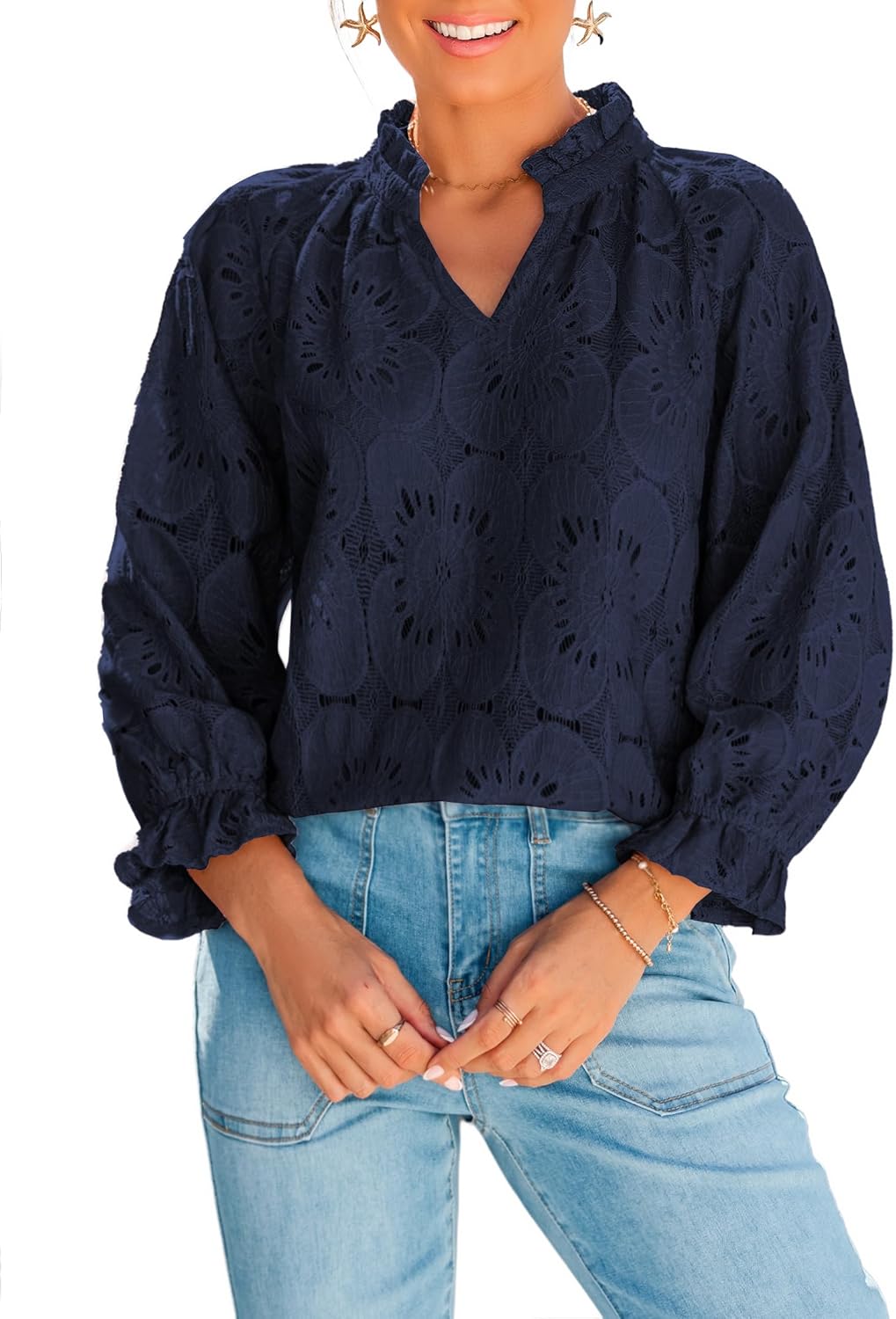 Benfoly Women's Casual Business Eyelet Lace Blouses Tops V Neck Elegant Boho Tops Work Dressy Shirts Hollow Out Spring Summer