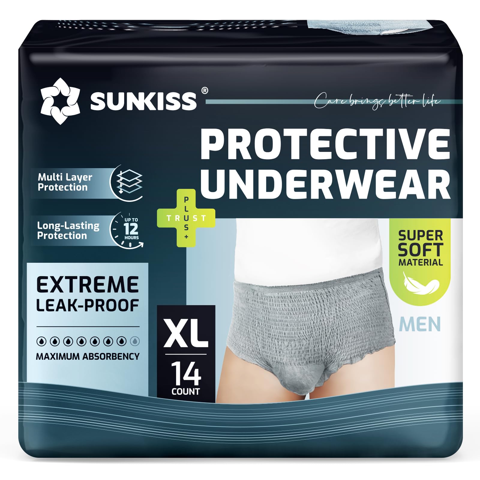 SUNKISS Soft Incontinence Underwear for Men, Daytime Disposable Adult Pull Ups, Mens Protective Diapers with Maximum Absorbency, XLarge, Grey, 14