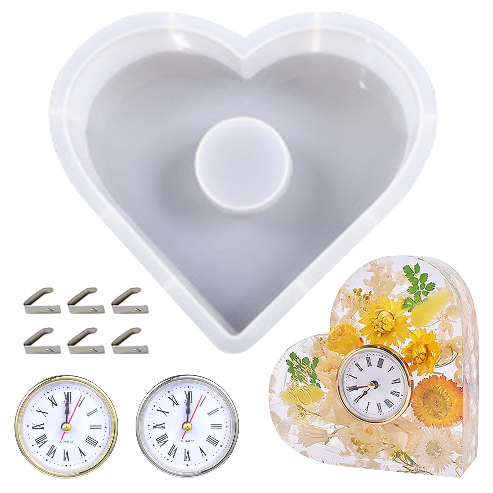 Allazone Clock Resin Molds, Heart Clock Casting Molds, Table Clock Resin Molds with 2 Clock Movement Accessories for DIY Craft Home Decor
