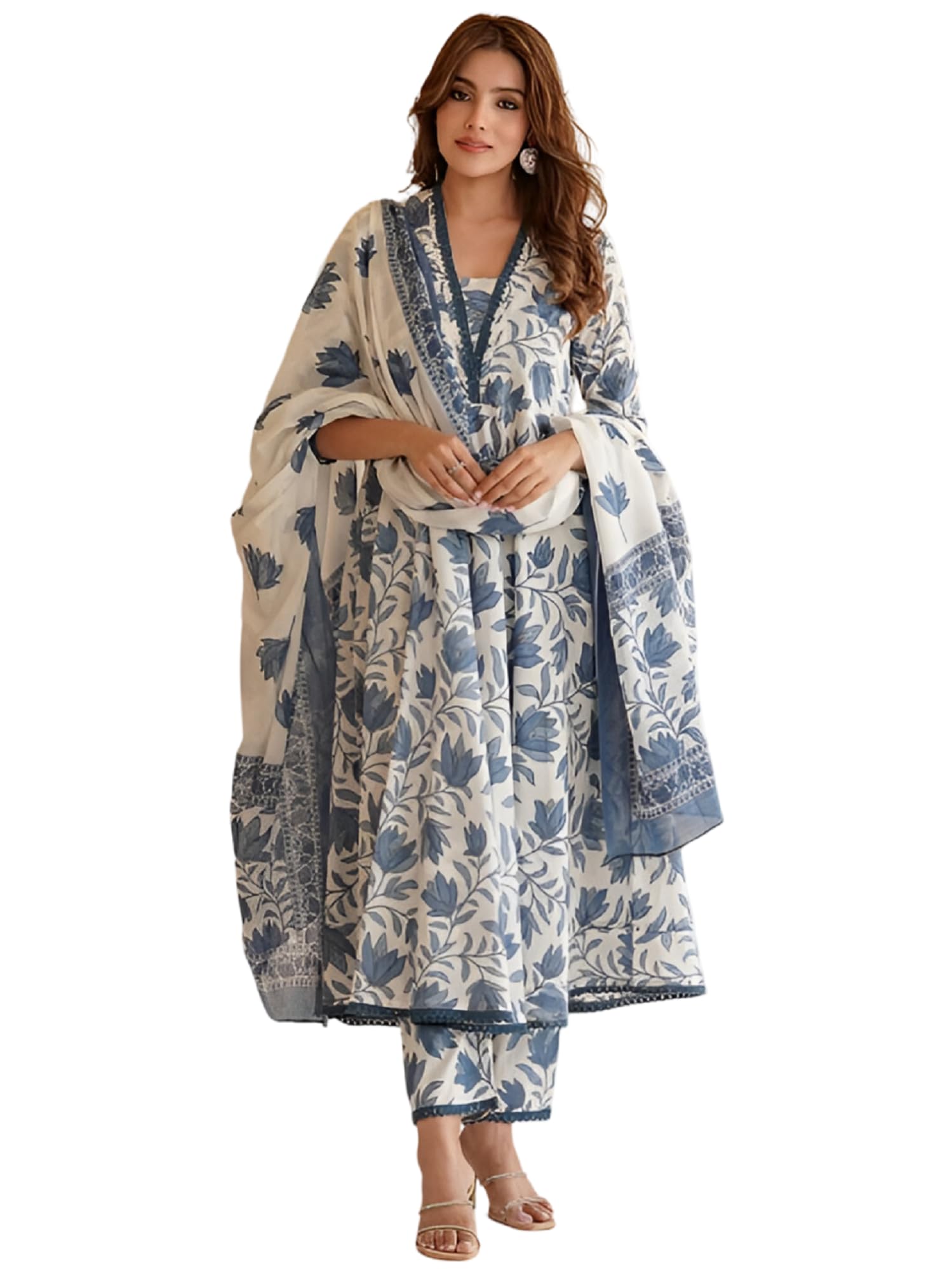INDACORIFY Blumenbedruckte Kurta aus Anarkali-Baumwolle mit Hose und indischem Dupatta-Anzug