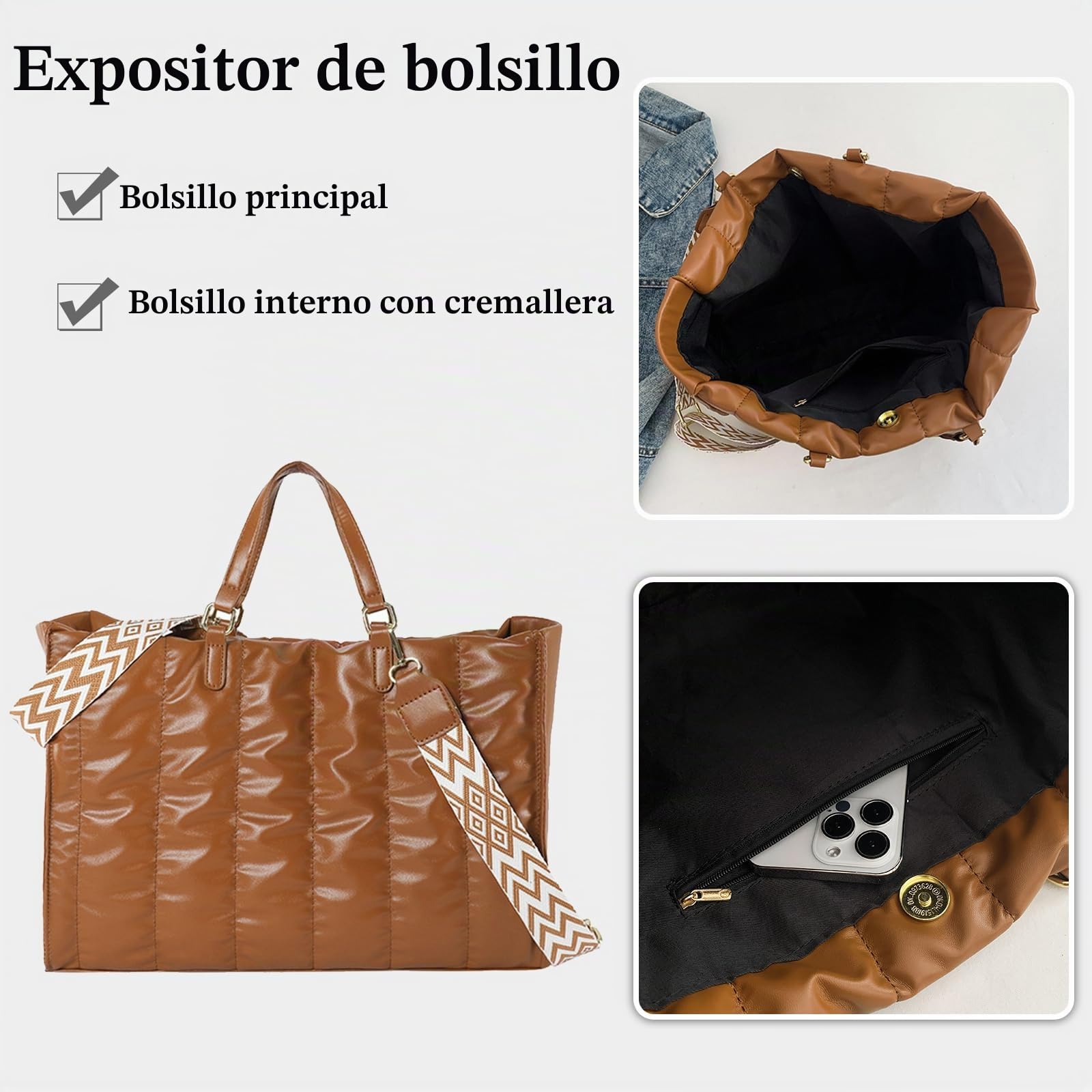 Bolso de mano acolchado para mujer, bolso suave y holgado, de piel sintética, bolso de hombro acolchado de plumón de algodón con asa superior, ligero, bolsa grande
