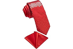Mens Red Sequin Skinny Tie and Pocket Square Set, Shiny Solid Satin...