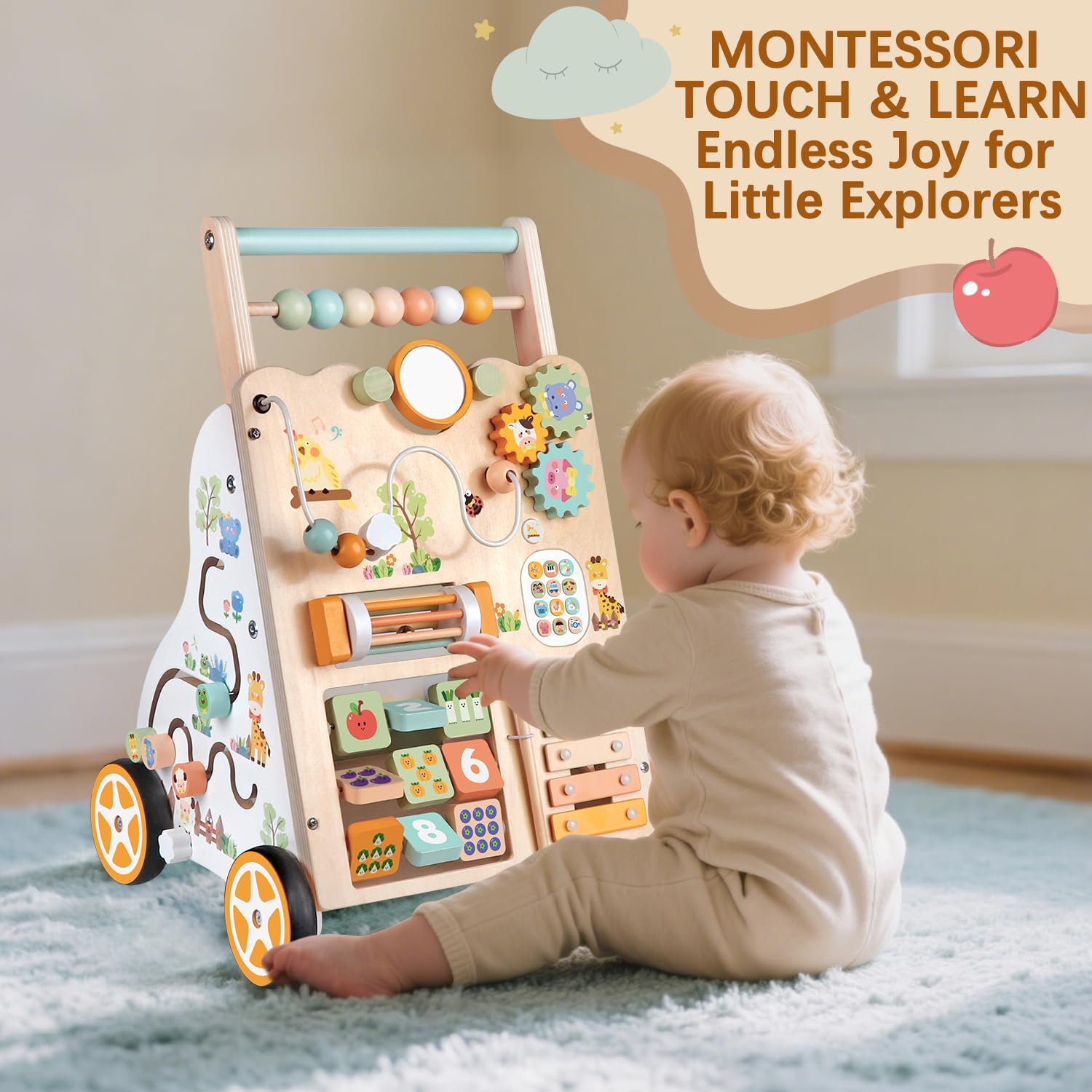 Trotteur en bois avec roulettes, centre d'activités Montessori pour garçons et filles, jouet à pousser réglable en vitesse et en hauteur pour tout-petits, cadeau éducatif pour enfants (Multicoloured)