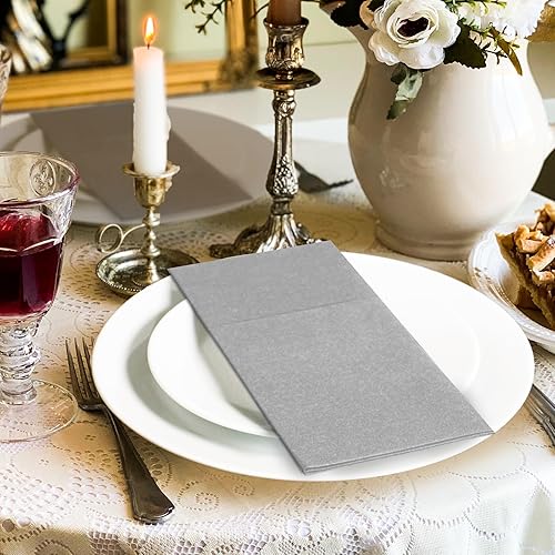 Miniatura 4 de KAMMAK Paquete de 100 servilletas de papel desechables de lino gris plegadas, servilletas de papel grueso de primera calidad, bolsillo para