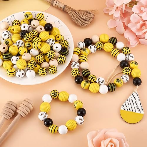 Miniatura 3 de KISSITTY 160 unidadesbolsa de cuentas de madera con tema de abeja de 0.59 a 0.71 pulgadas, cuentas de madera de colores, kit de adornos de cuentas