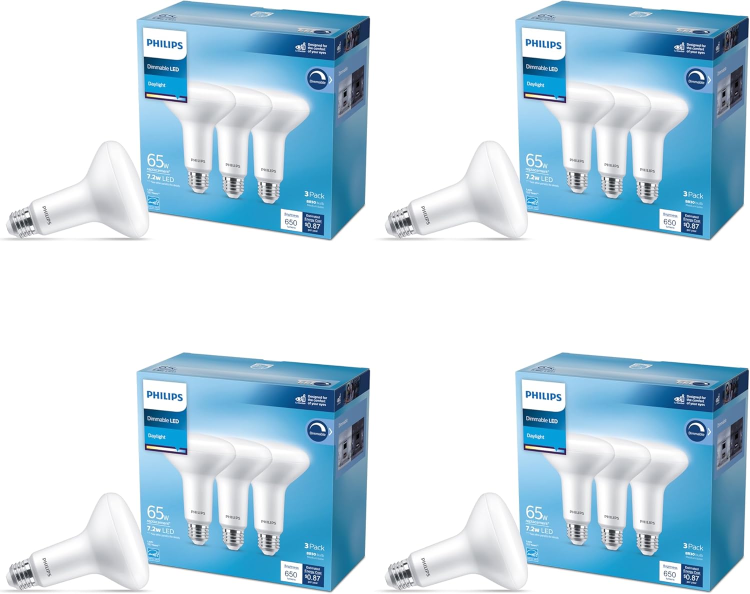 Philips LED 65W BR30 12-Pack Basic LED Daylight (7.2W = 65W) Dimmable Frosted Flicker-Free Light Bulb
