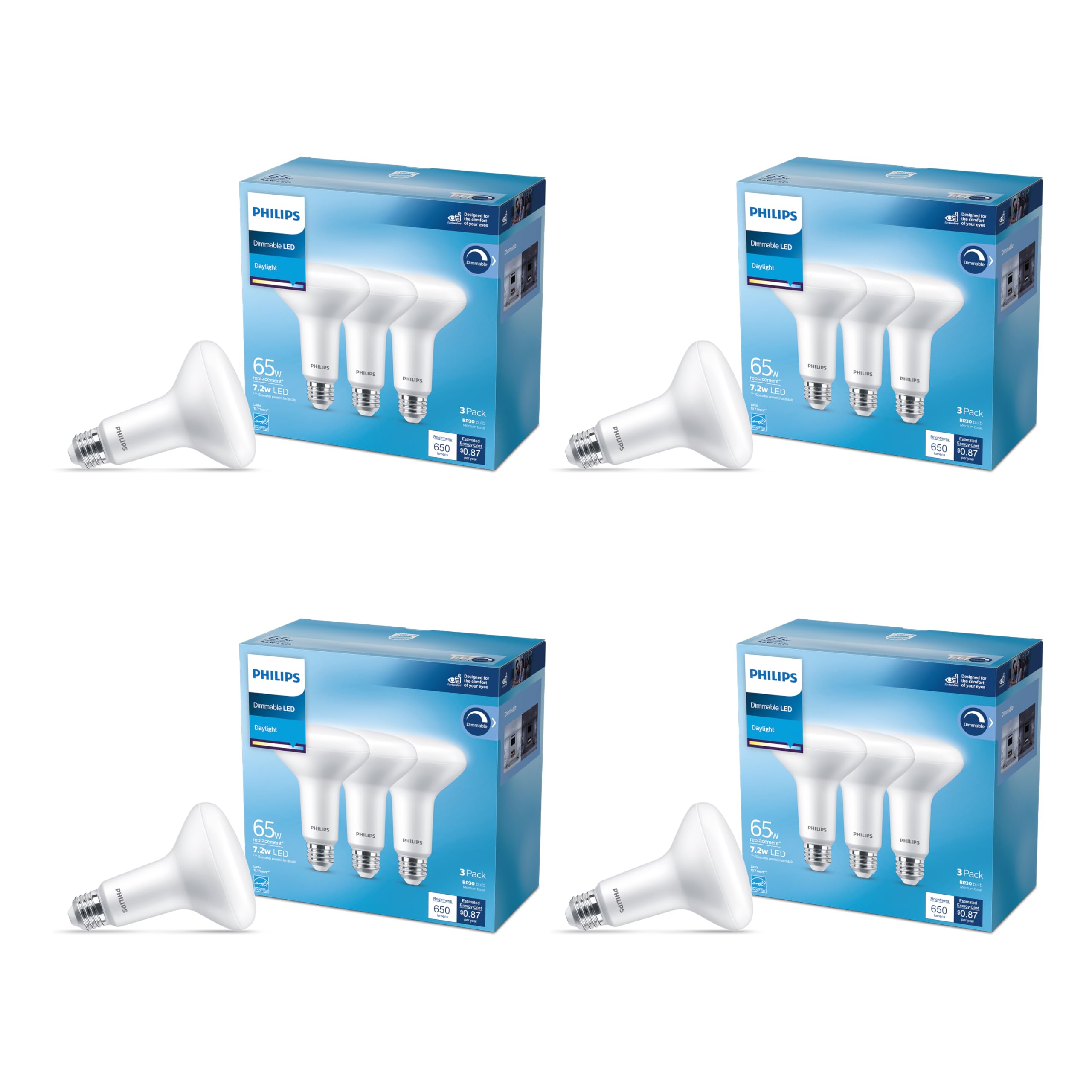 Philips LED 65W BR30 12-Pack Basic LED Daylight (7.2W = 65W) Dimmable Frosted Flicker-Free Light Bulb