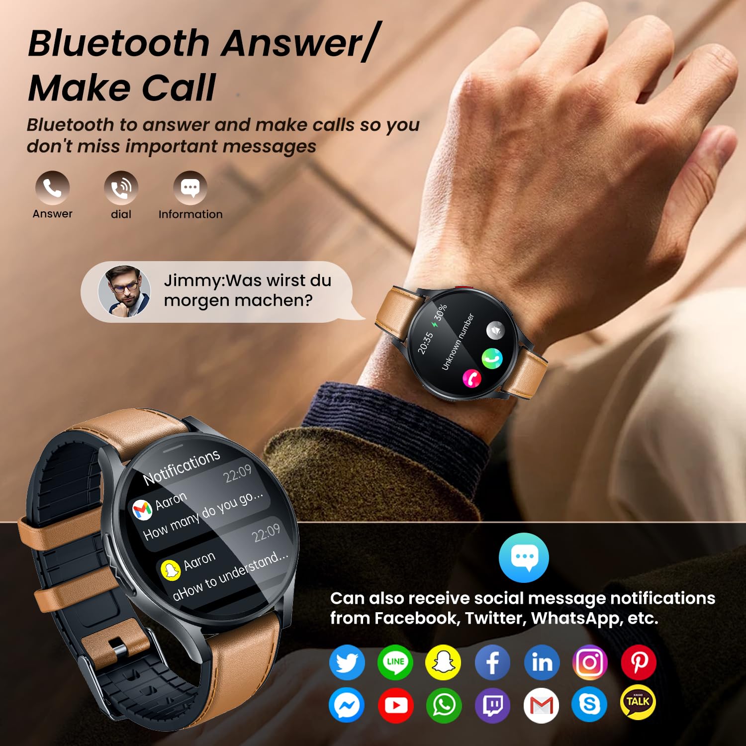 Orologio Smartwatch Uomo Cardiofrequenzimetro ECG: Orologi Intelligente 1.43“ AMOLED con HRV Pressione Sanguigna Sonno SpO2 Acido Urico Monitoraggio Sport Smart Watch Compatibile iOS e Android （Pelle）