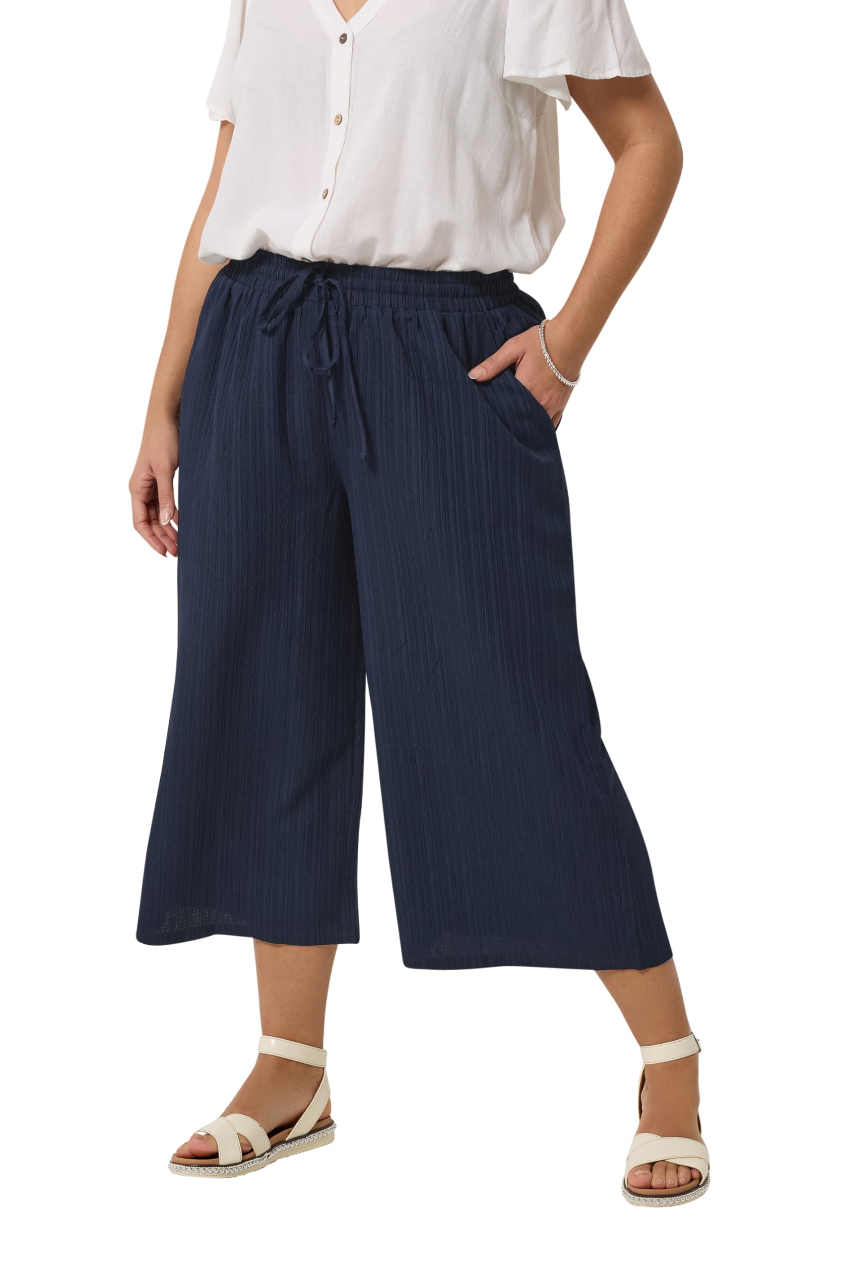 Yours Curve Blue Textured Cropped Trouser - Women's - Plus Size Curve