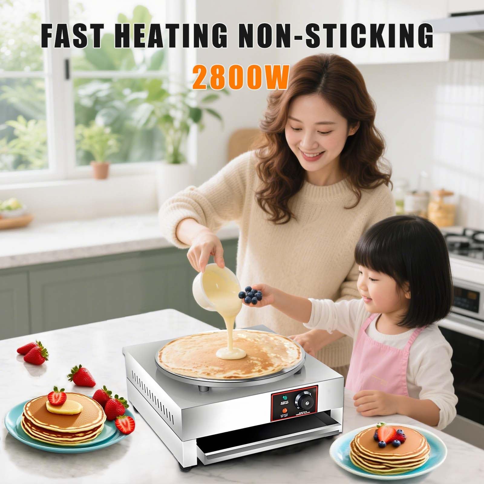 Crepera Redonda De 40 Cm -Plancha EléCtrica Para Panqueques Y Omelettes,Control Preciso De Temperatura Con Indicadores, Cuerpo De Acero Inoxidable + Placa De CoccióN De Hierro Fundido Single-head