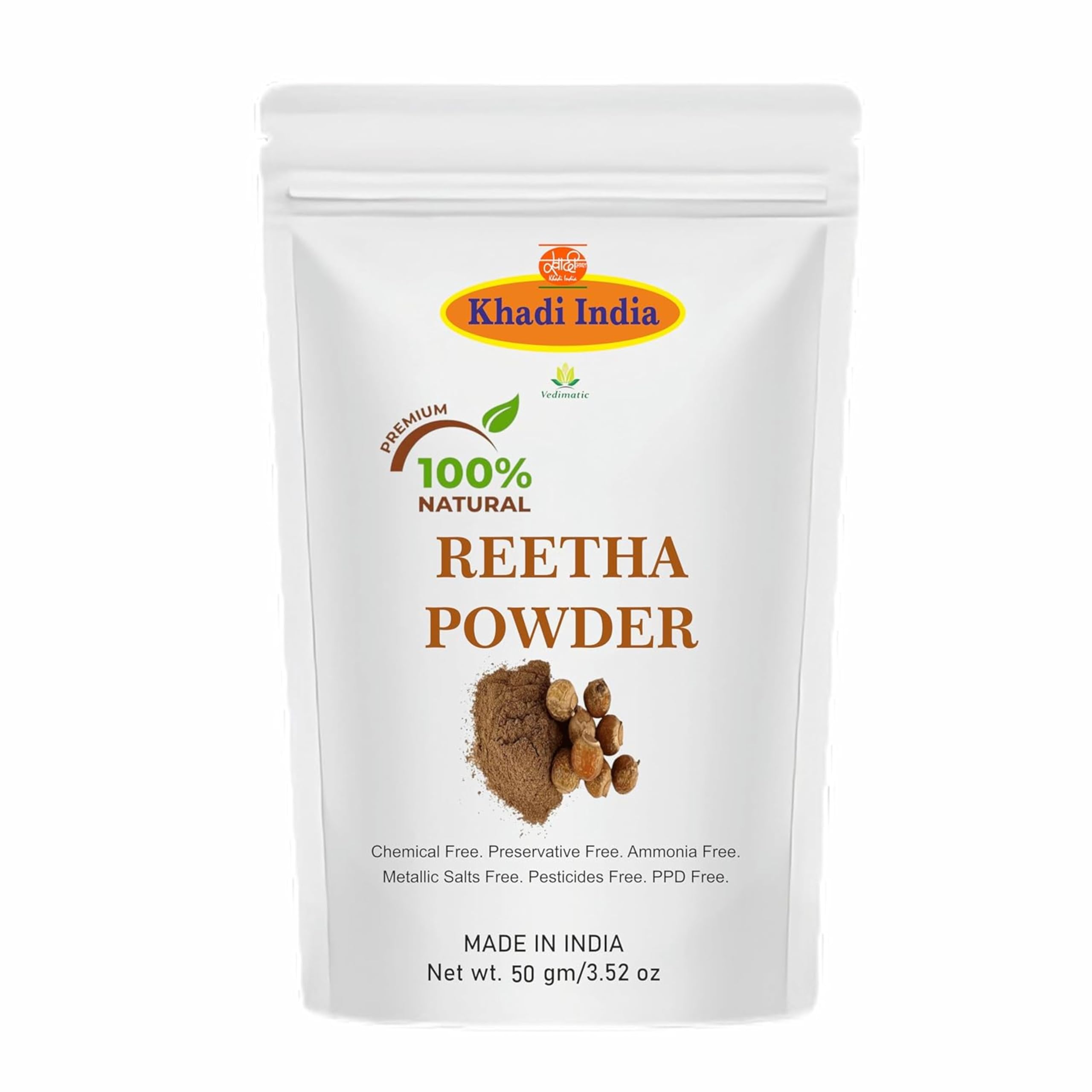 Khadi 100% Pure & Organic Reetha Powder Hair Cleanser | 100% Natural, Chemical-Free, Maintains pH Value, Conditions Hair, Adds Shine | Resealable Zipper pouch | (100gm., REETHA)