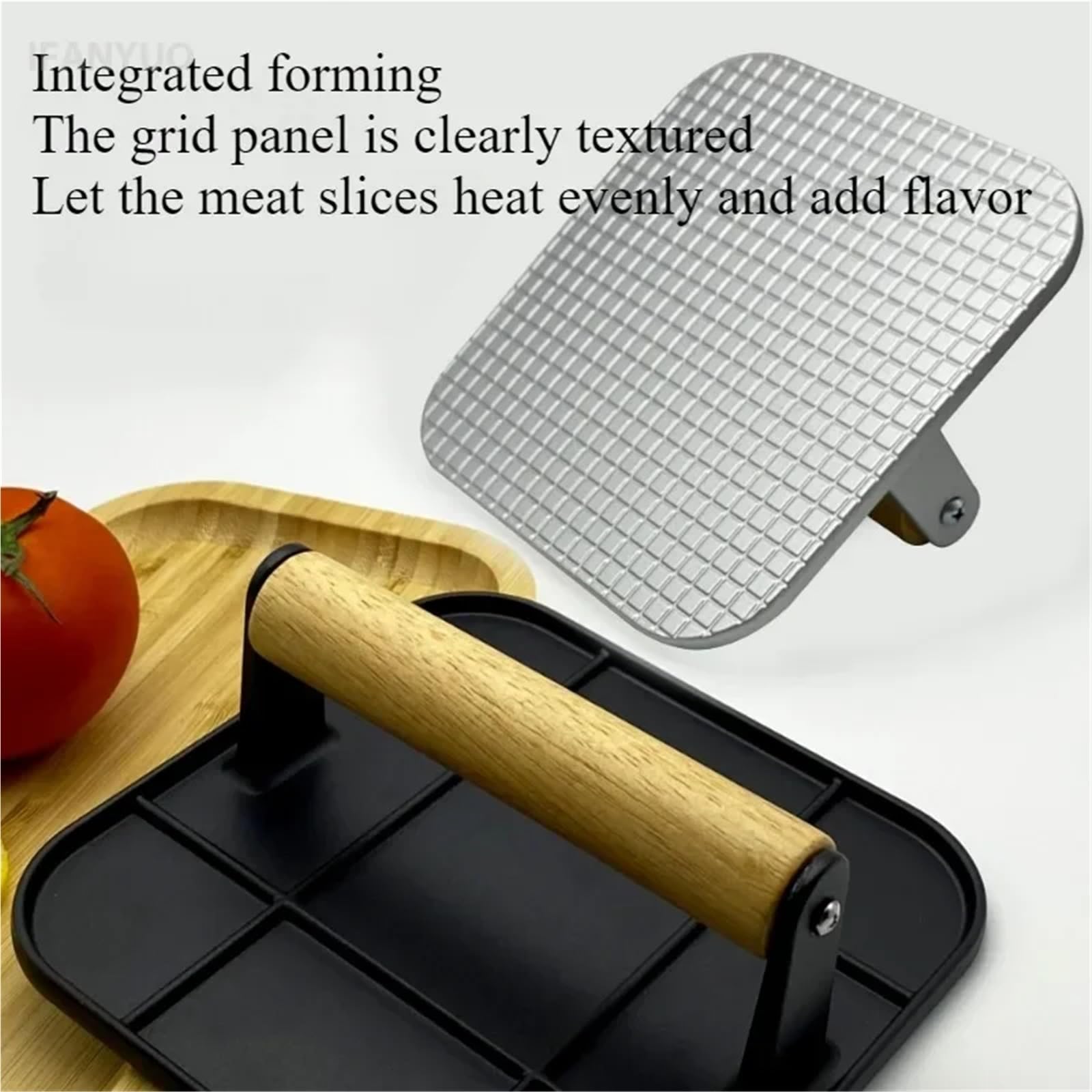 Prensa De Hamburguesas Hierro Fundido For Exteriores, Carne Antiadherente Aleación Aluminio con Mango Madera For Barbacoa En La Cocina del Hogar(Round-Black)