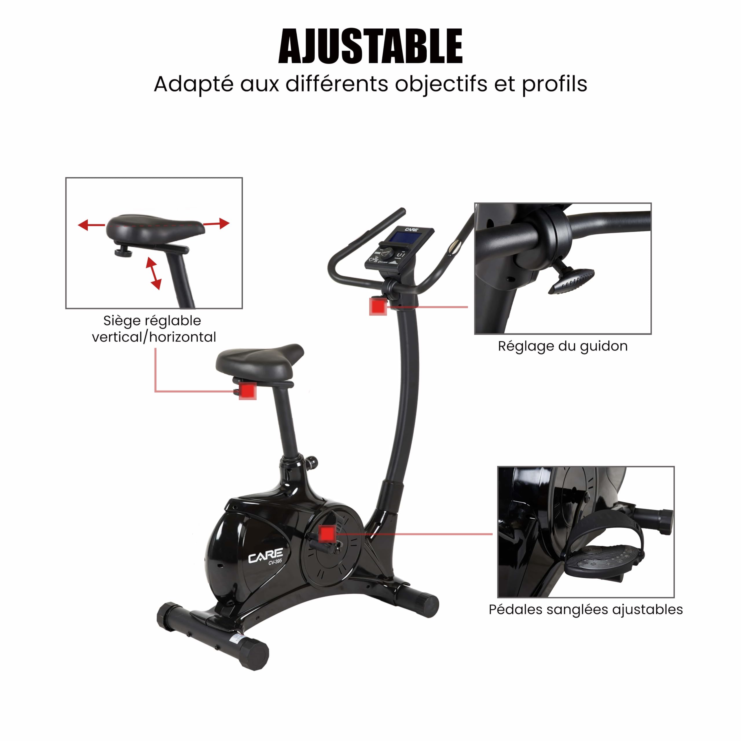 Care Fitness - Vélo d'Appartement Motorisé CV-395 - Vélo Droit 24 Programmes d'Entraînement - Masse d'Inertie 12kg - Résistances Magnétique Motorisée - Connectivité Application Mobile/Kinomap