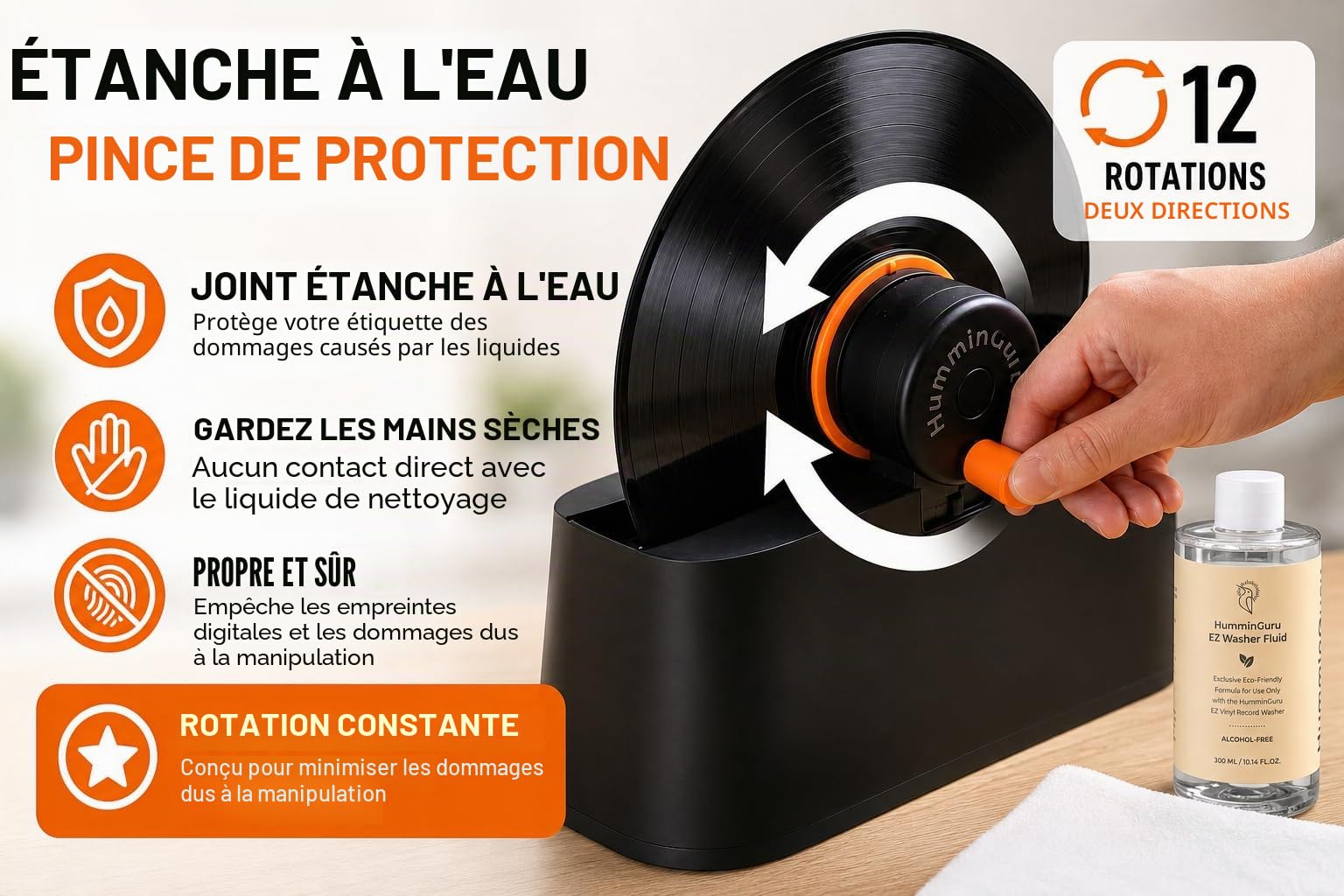 HumminGuru EZ Laveuse de Disques Vinyles Manuelle avec Essorage Facile et Pince à Étiquette Étanche, Kit de Nettoyage de Disques avec Brosses en Poils de Chèvre, Liquide sans Alcool,Étendoir & Chiffon