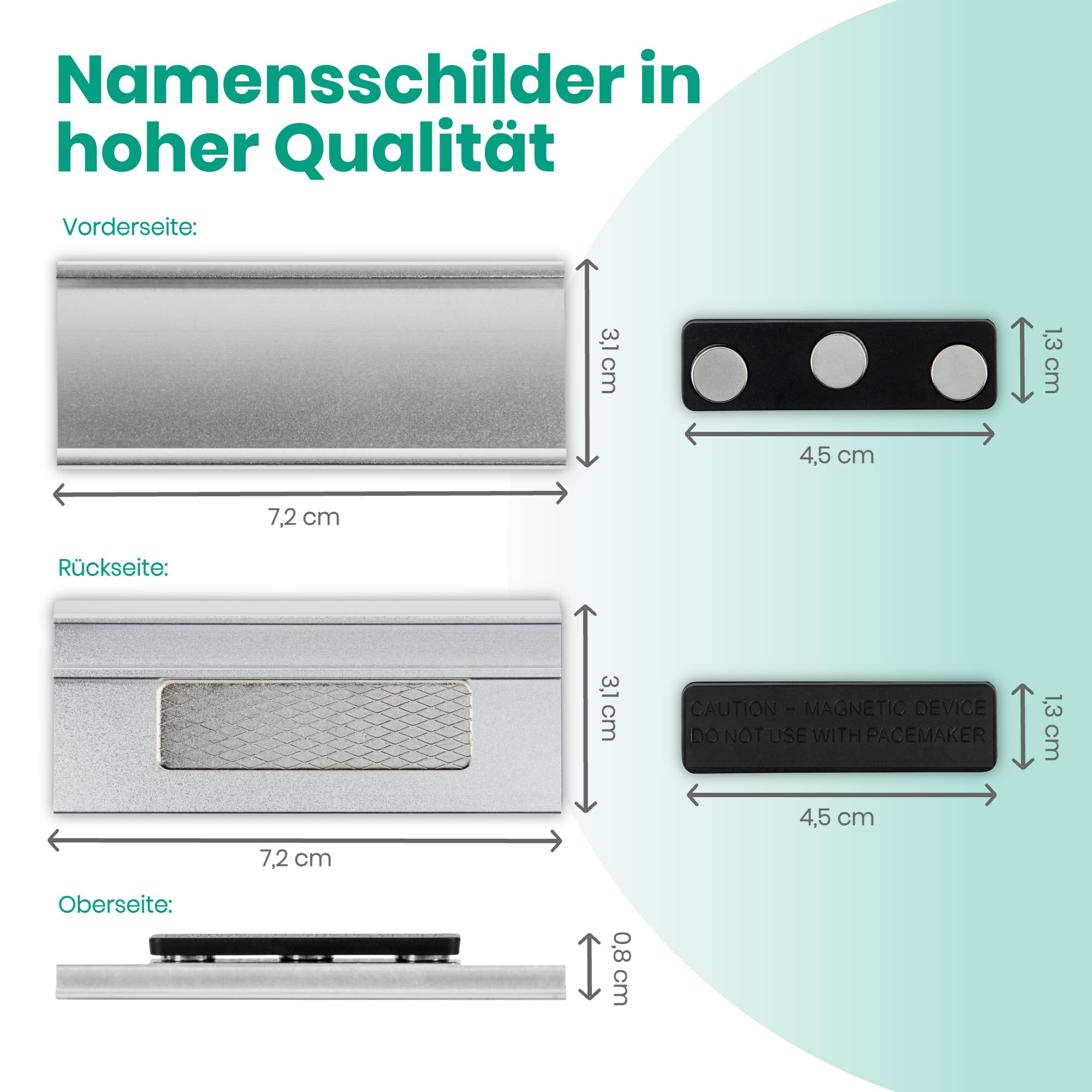 Namensschild Magnetisch - 20 Stück - 3 Starke N40 Neodym-Magnete - Perfekt für Messen & Konferenzen - Hochwertig Aluminium Namensschilder für Kleidung - Inkl. Handlicher Druckvorlage - 72x31mm