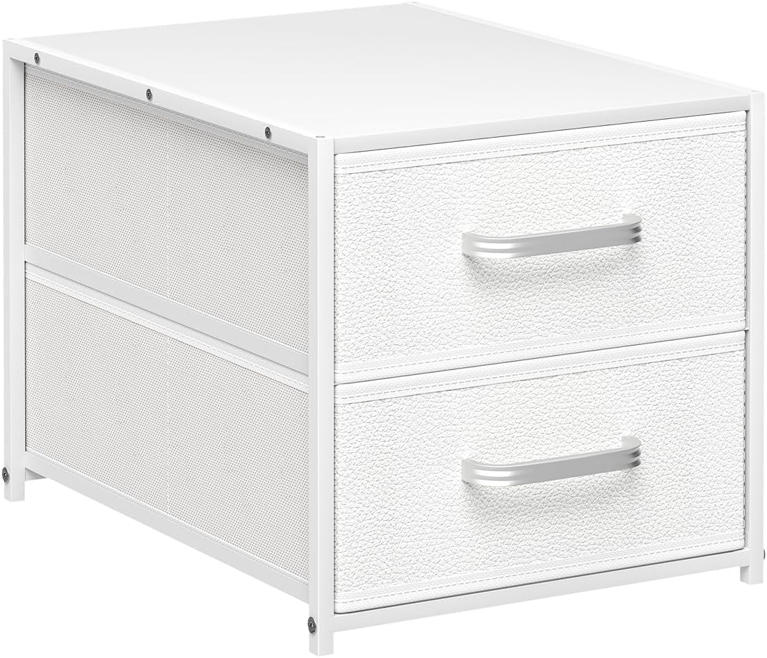 Homsorout Stackable Storage Drawers - 2 Tier Closet Drawers, Closet Organizer with Metal Handles, Night Stand with Collapsible Bins, Fabric Dresser for Bedroom, Dorm, Office, White, 1 Pack