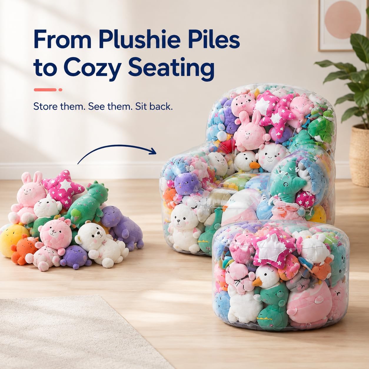 2 PCS Clear Stuffed Animal Storage Chair with Footstool, 2-Piece PVC Bean Bag Chair Set for Plushies, 37.4 x 31.5 x 37.8 in, 340 lb Capacity