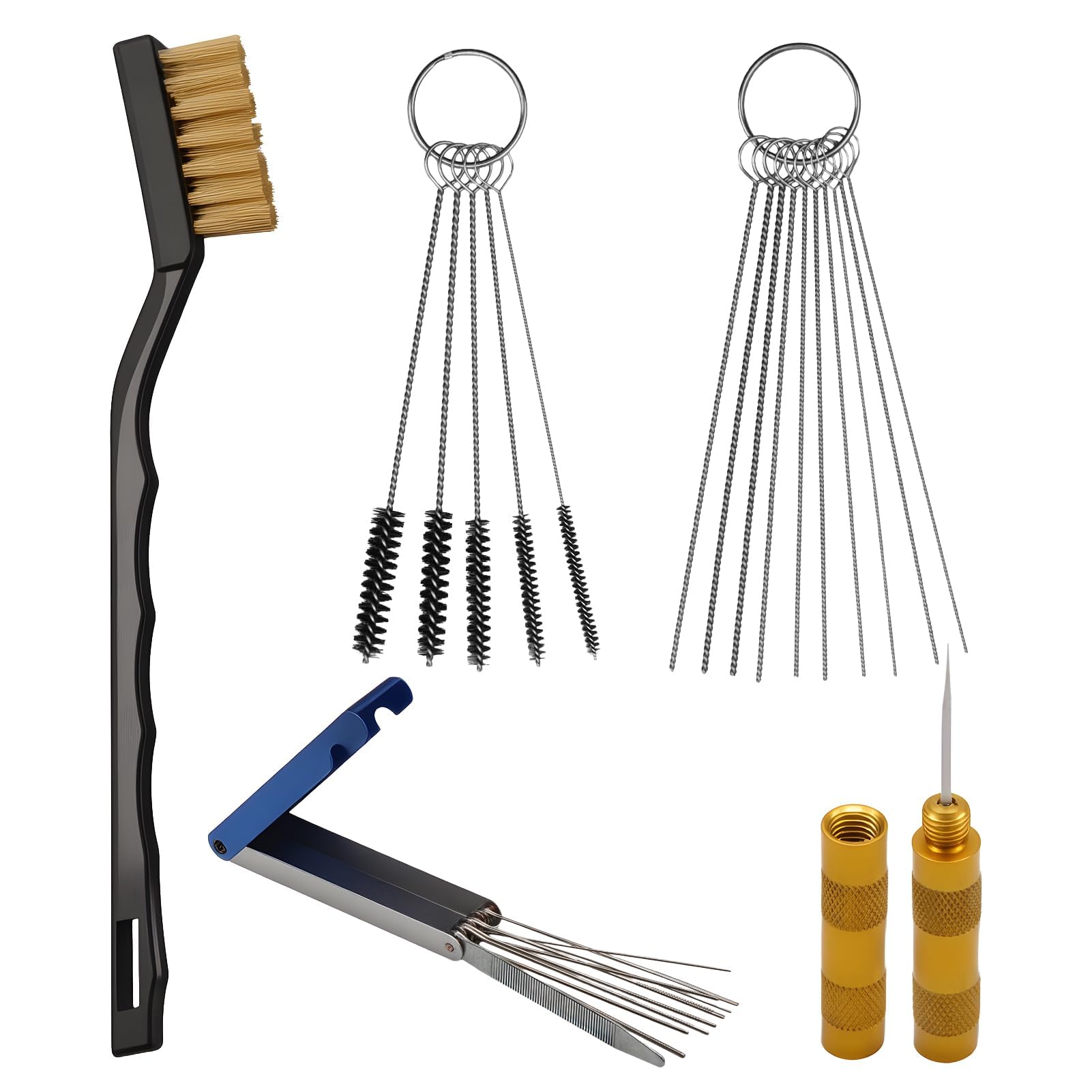 Kit di pulizia per ugelli per carburatore, set di pulizia ugelli, 13 fili, 10 aghi, 5 spazzole, 1 strumento di rimozione, 1 spazzola metallica, adatto per auto moto quad, saldatrici per tappeto erboso