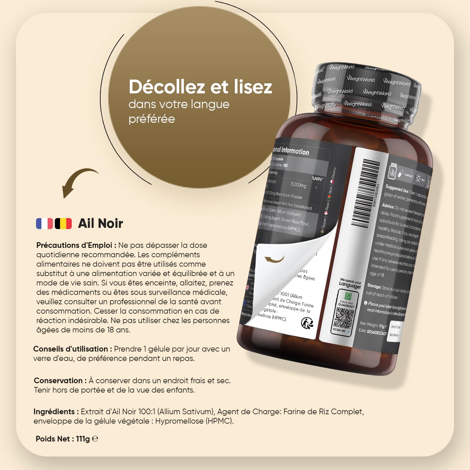 Ail Noir Fermenté 15000mg 180 Gélules Vegan, S Allylcystéine (SAC) Allium Sativum 100:1, Allicine Inodore et Saveur, Riche en Vitamines et Minéraux, Extrait d'Ail Noir Gélules (Garlic Capsules)