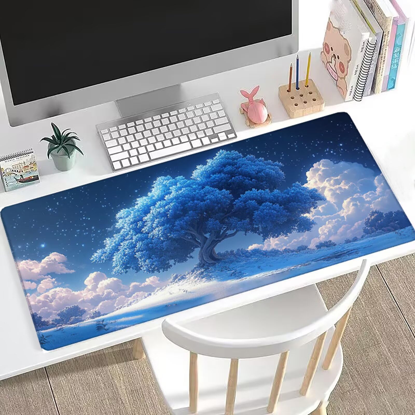 Tappetino Mouse XXL Albero 150x977 cm Mousepad Blu Sottomano Scrivania Gaming, Base in Gomma Antiscivolo, Bordi Cuciti Rinforzati, Tappeto Mouse Grande per PC Desktop, Regalo Festa del Papà H0-898