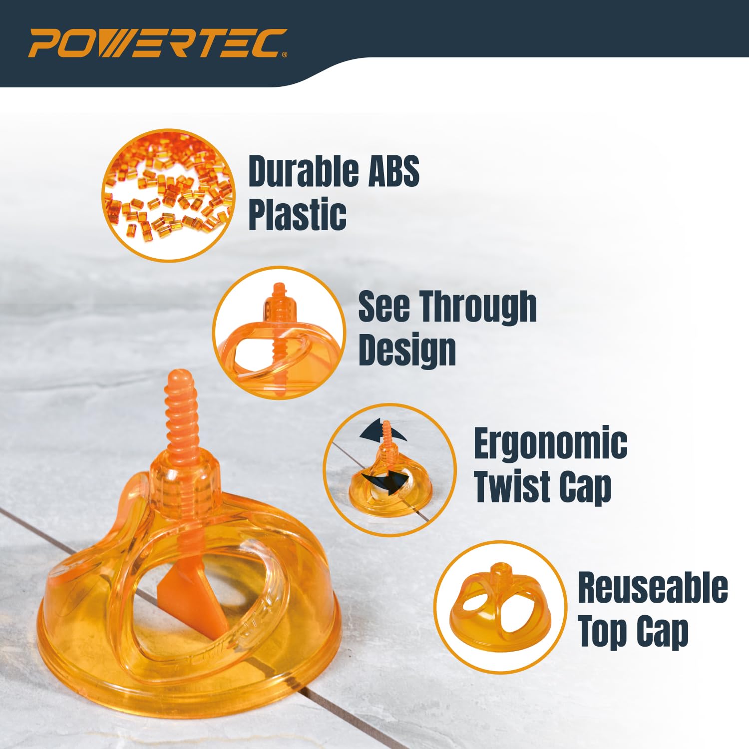 POWERTEC Sistema de nivelación de azulejos con clips espaciadores roscados de 1/16 pulgadas, correa de base plana para espaciar y nivelar azulejos, 100 piezas (72107)