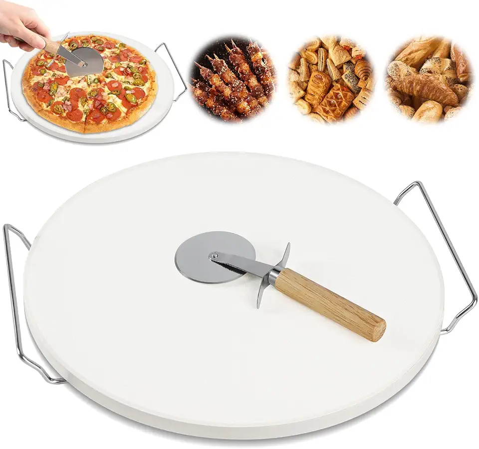 33 cm Pedra Pizza Redonda com Suporte de Aço Inoxidável e Raspador, Kit Pizza para Churrasqueira, Assadeira Pizza, Forma de Pizza para Forno e Churrasqueira, Tábua Bandeja Suporte para Pizza