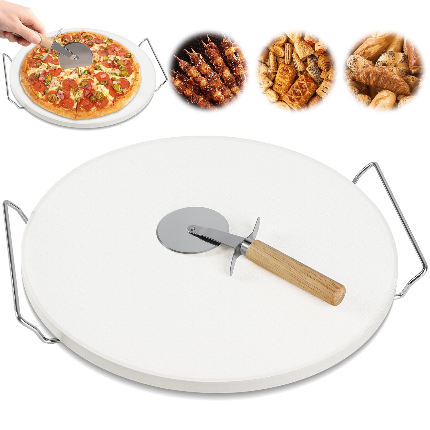 33 cm Pedra Pizza Redonda com Suporte de Aço Inoxidável e Raspador, Kit Pizza para