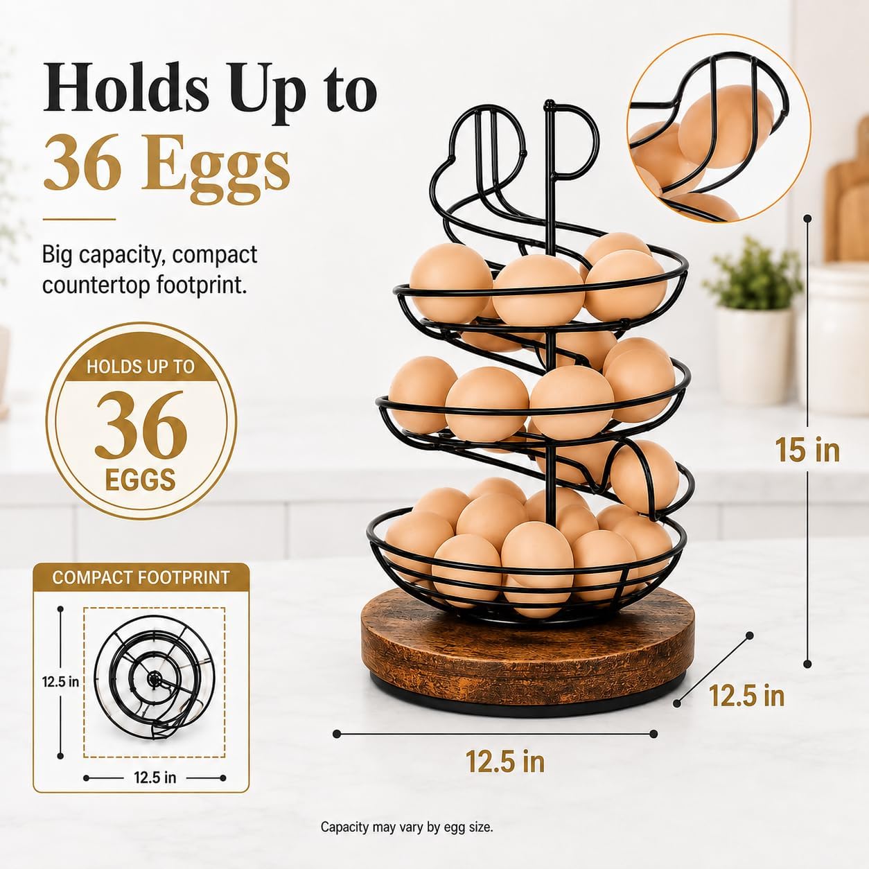 Rotating Metal Fresh Egg Holder Countertop with 360°Wooden Turntable Base