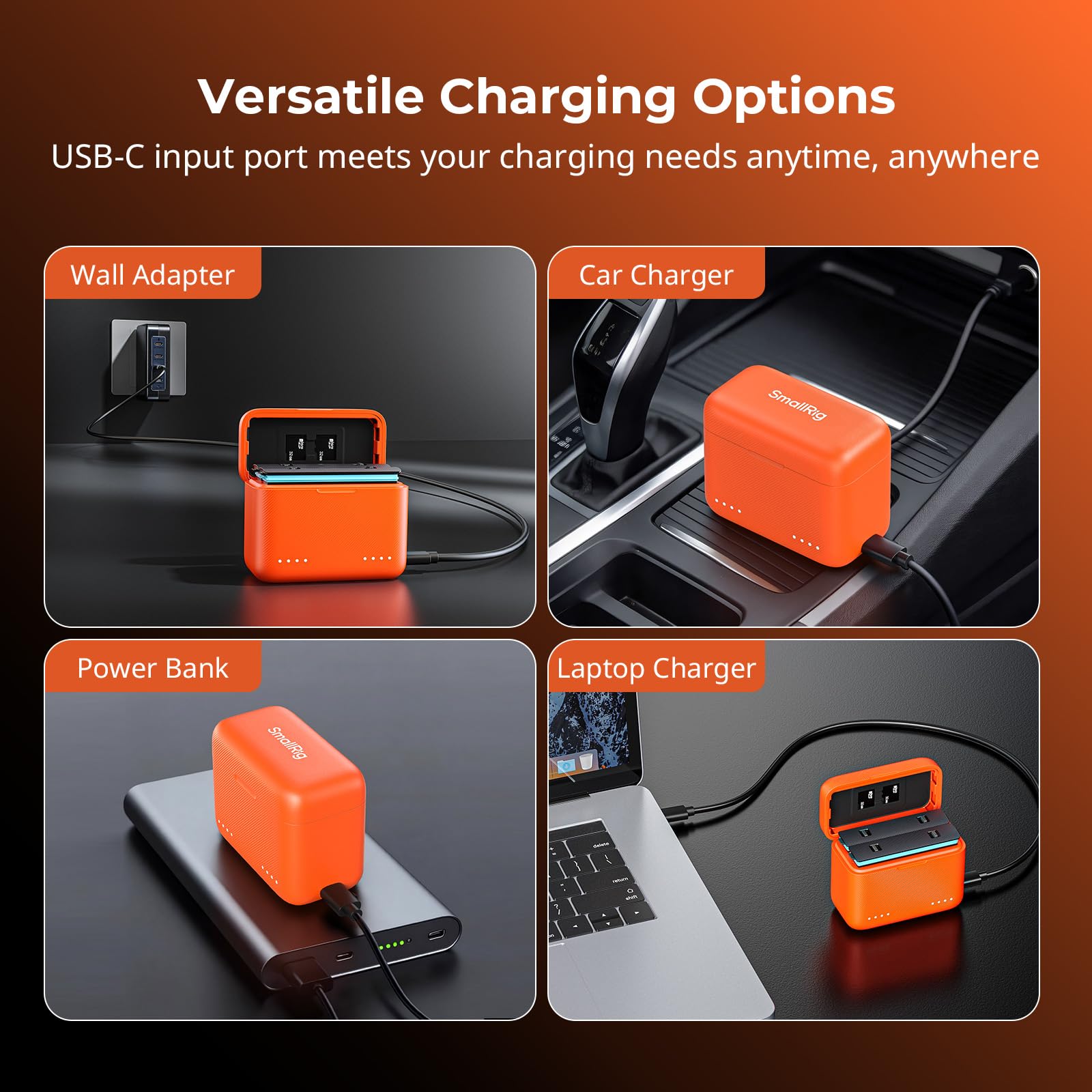SMALLRIG Caricabatterie a 2 Canali per Insta360 X5, Ricarica Rapida in 1,3 ore, Compatto, con 2 Slot per Schede TF, Leggero, per Insta360 X5, Arancione - 5923