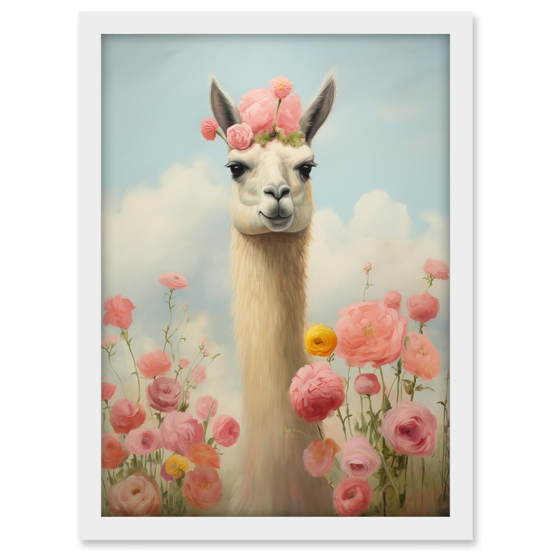 Artery8 Llama and Peonies Pink Elegant Artwork Kids Bedroom Floral Portrait with Roses Artwork Framed A3 Wall Art Print