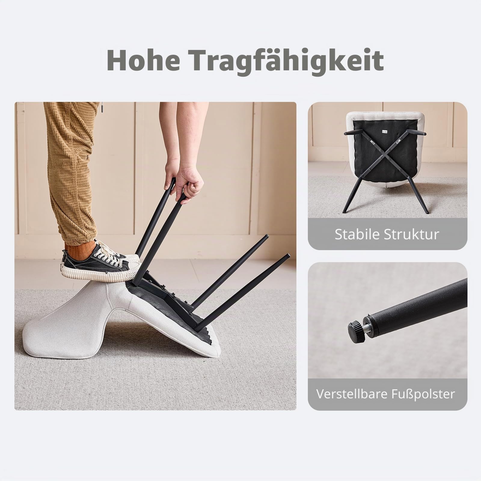 Modernes Esstisch-Set mit Stühlen, 100 cm Runder Esstisch in Heller Holzmaserung + 4 Beigefarbene Leinenstühle mit Metallbeinen