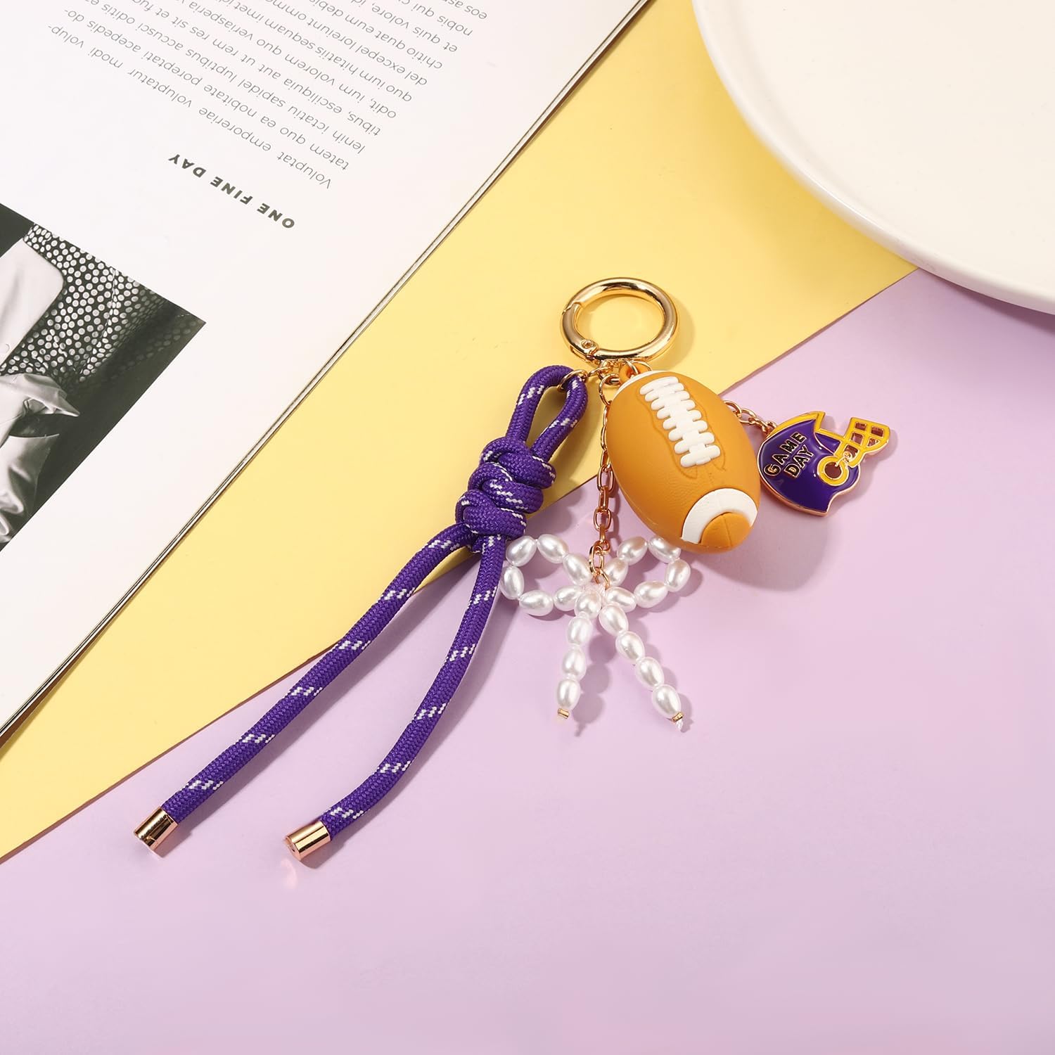 Football Bag Charms Keychain for Women Men Pearl Bow Nylon Rope Rugby Purse Charms Football Cheer Mom Accessories Gears Gifts