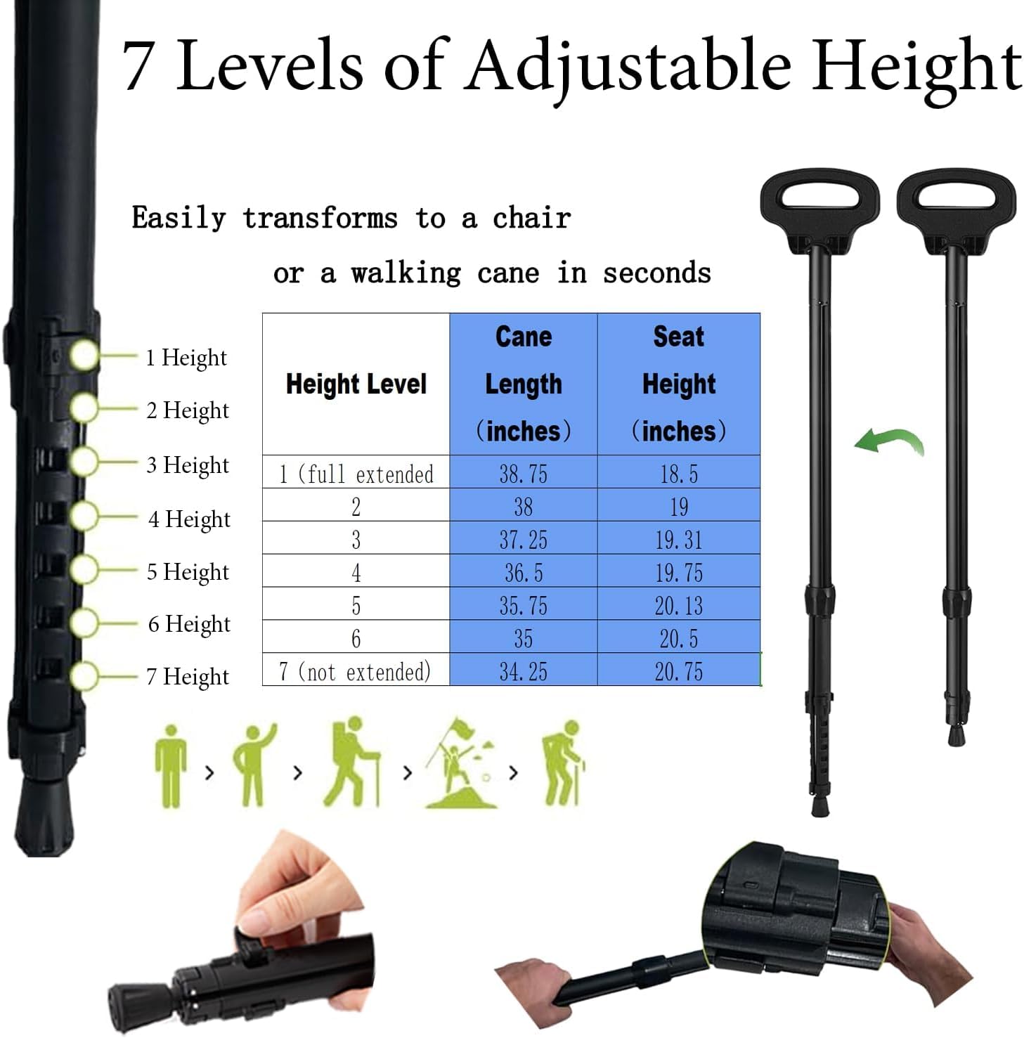 ALEVMOOM Bastone da passeggio con sedile pieghevole leggero, sgabello 2 in 1 per adulti, bastone da passeggio in alluminio con sedile, sgabello portatile per anziani, con borsa per il
