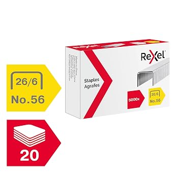 Rexel No.56 26/6 Staples for Standard Staplers, For Stapling Upto 20 Sheets, Use with Desktop Staplers and Pliers, 5000 Count (Pack of 1)